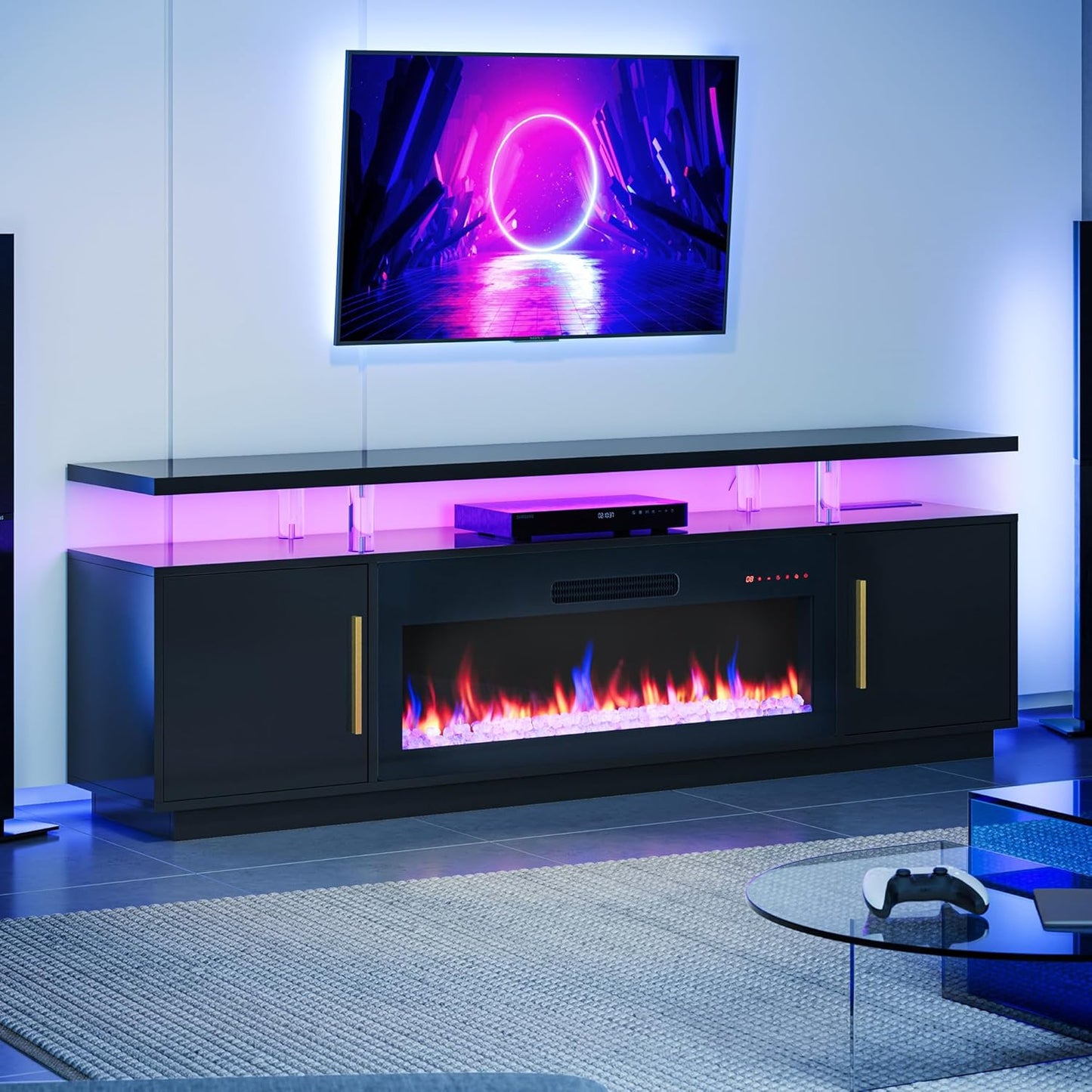 BELLEZE 70" Fireplace TV Stand for TVs Up to 80", LED Light Entertainment Center with 36" Electric Fireplace Heater, Storage Cabinet, Media Console Table for Living Room - Avenue (Black)
