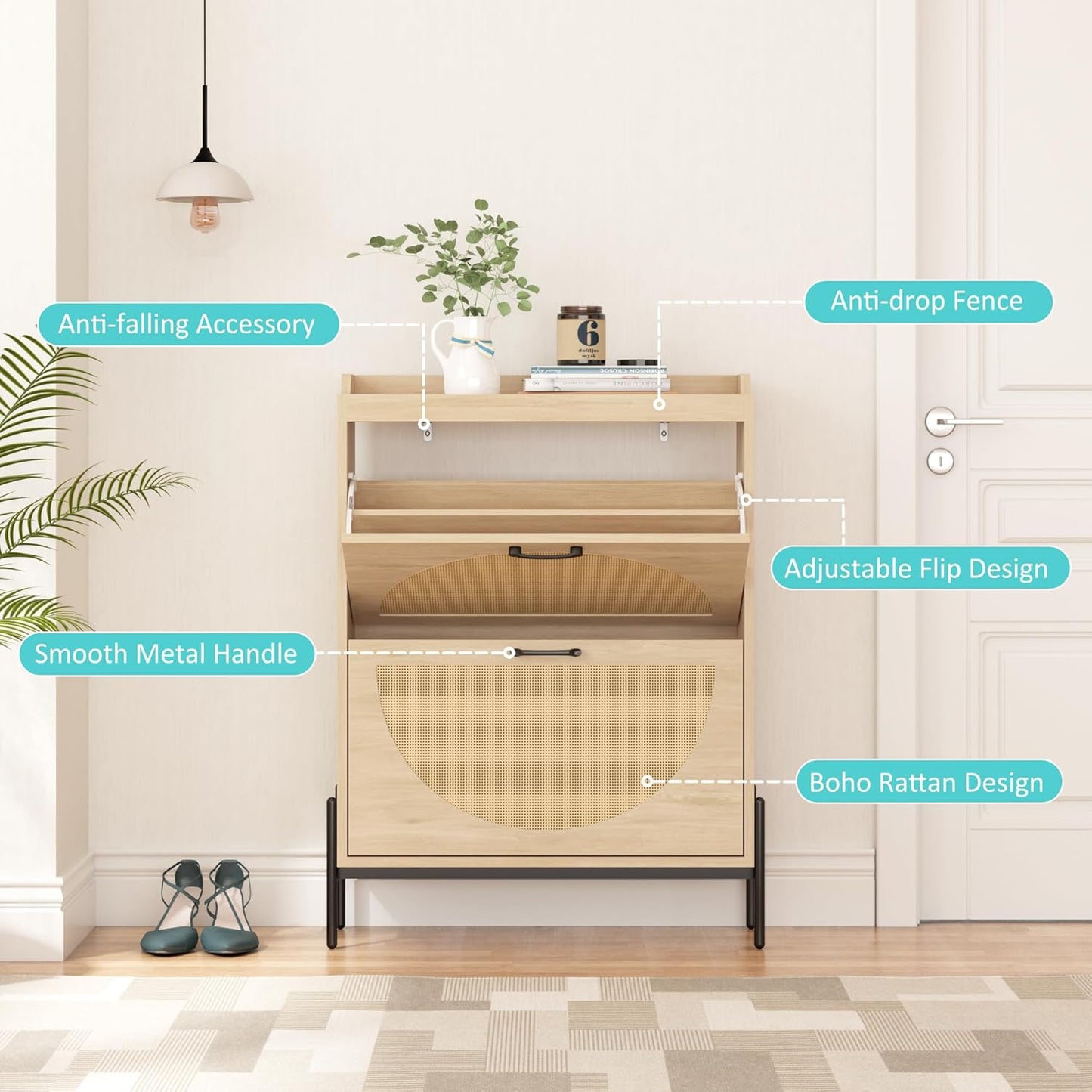 Gadroad Rattan Shoe Storage Cabinet with 2 Flip Drawers, Freestanding Shoe Organizer with Metal Legs for Entryway, Semi Circle Shoe Rack Cabinet (Natural)