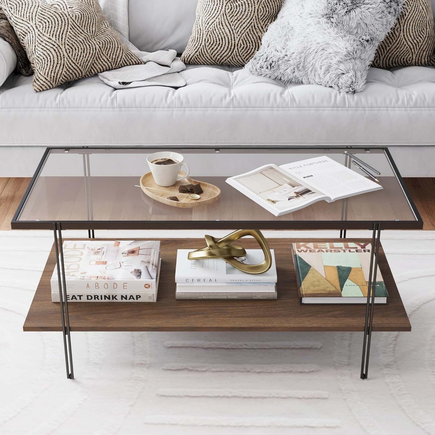 Nathan James Beacon Bohemian Coffee Table with Storage, 2-Tier Rectangle Coffee Table with Solid Wood Legs and Seagrass Shelf, Light Brown