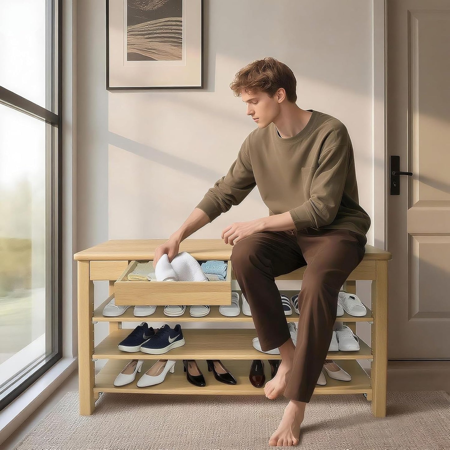 Wood Shoe Bench Entryway with Drawer: 3-Tiers Wooden Storage Shoe Rack with Bench Seat, Compact Mid-Century Modern Design for Entryway, Hallway, Closet,Front Door Entrance,Foyer Natural 43.3"