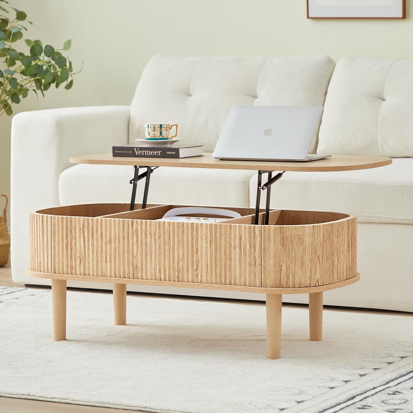 3 in 1 Lift Top Coffee Table, Fluted Convertible Coffee Tables Converts to Dining Tables, Modern Oval Wooden Center Table with Storage for Living Room Office Small Space, Partial Assembly (Black)