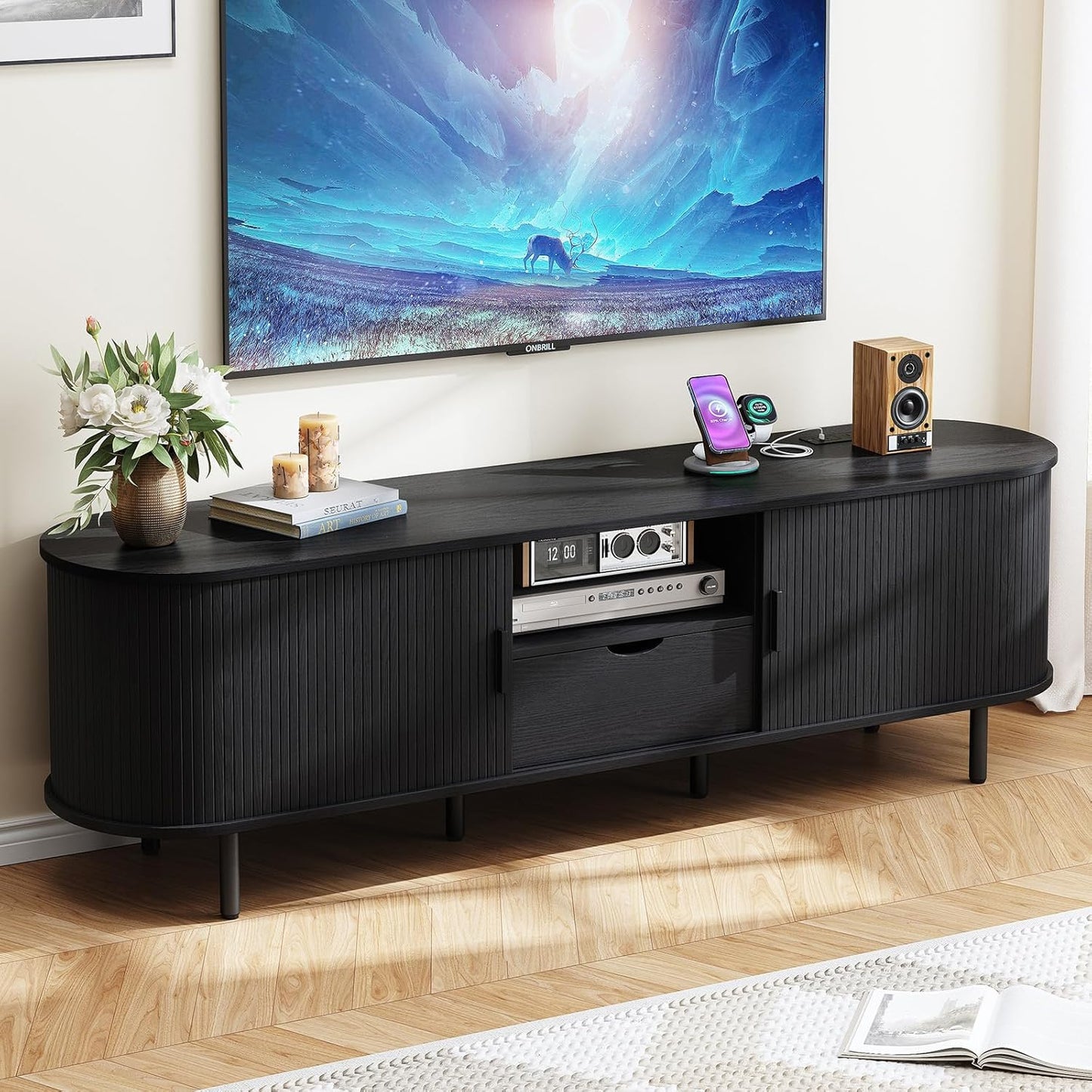69" TV Stand with Power Outlet for TVs up to 80", Entertainment Center with Storage and Drawer, TV Console with Adjustable Shelves and Sliding Door, TV Stand for Living Room, Bedroom, Walnut