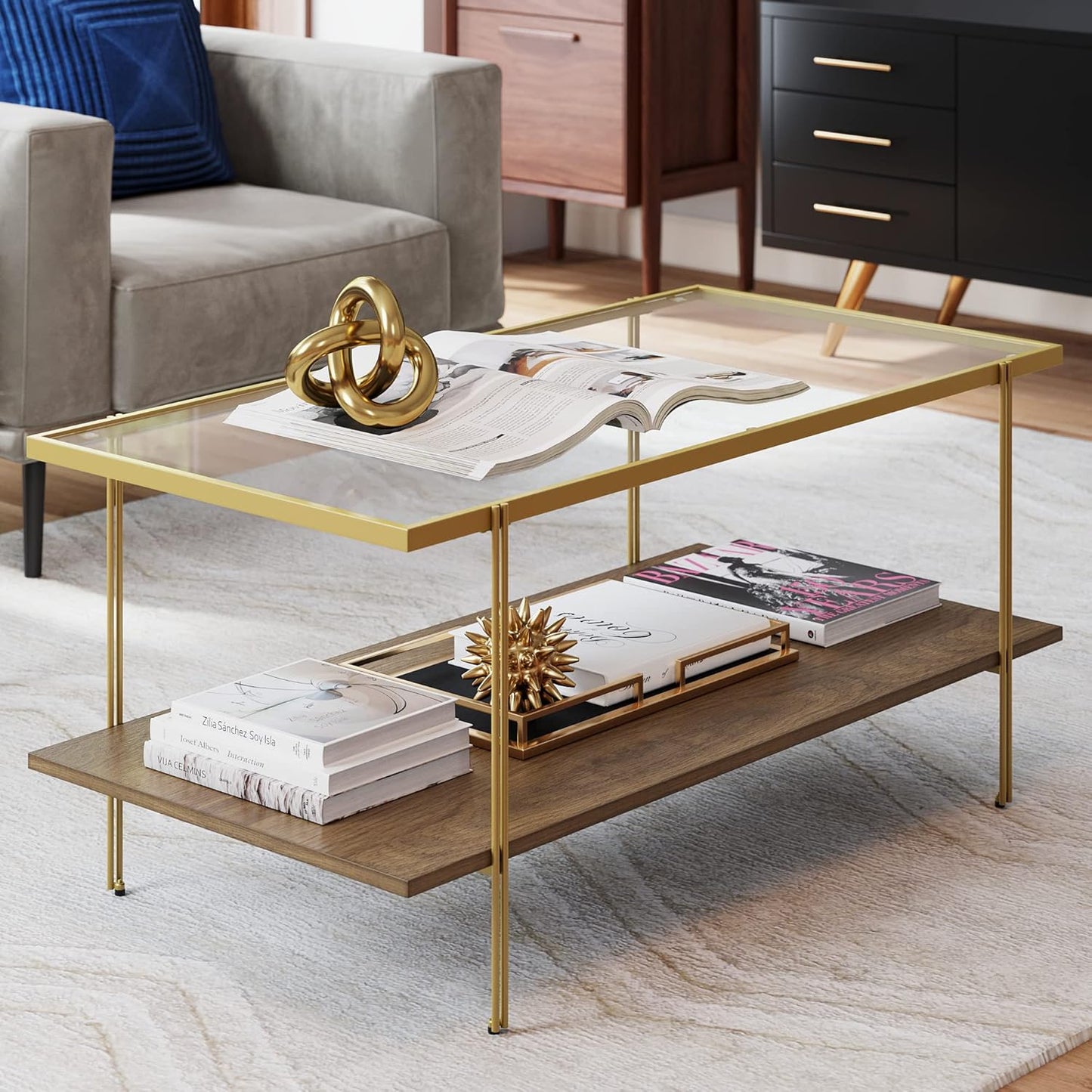 Nathan James Beacon Bohemian Coffee Table with Storage, 2-Tier Rectangle Coffee Table with Solid Wood Legs and Seagrass Shelf, Light Brown