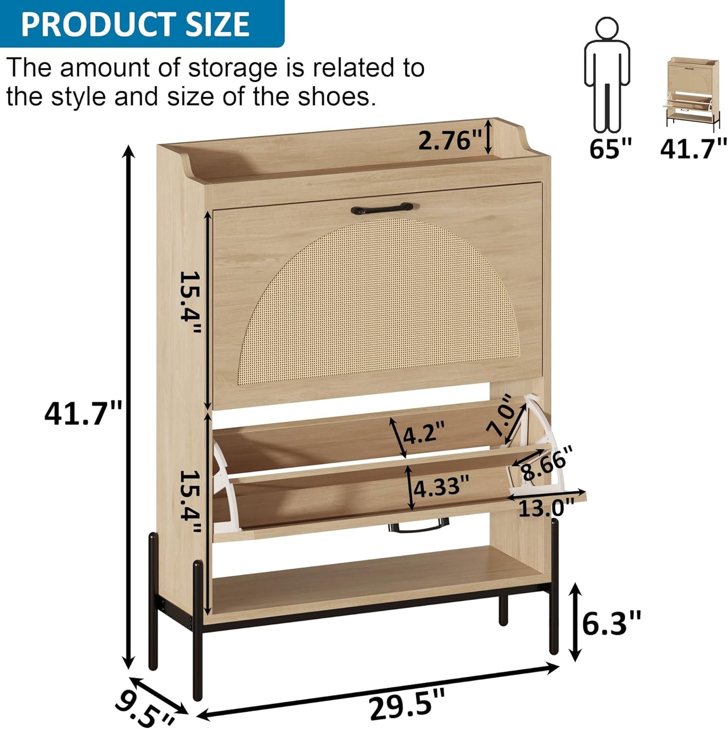 Gadroad Rattan Shoe Storage Cabinet with 2 Flip Drawers, Freestanding Shoe Organizer with Metal Legs for Entryway, Semi Circle Shoe Rack Cabinet (Natural)