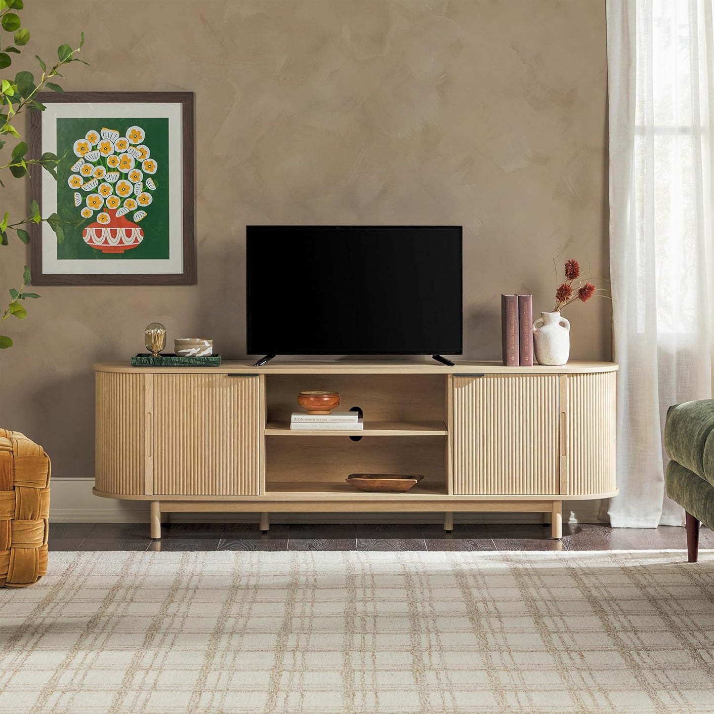 Walker Edison Modern Curved Reeded TV Stand for TVs up to 70 Inches, Credenza with Sliding Doors and Adjustable Shelves, TV Stand with Cord Management Cutout, 60 Inch, Mocha