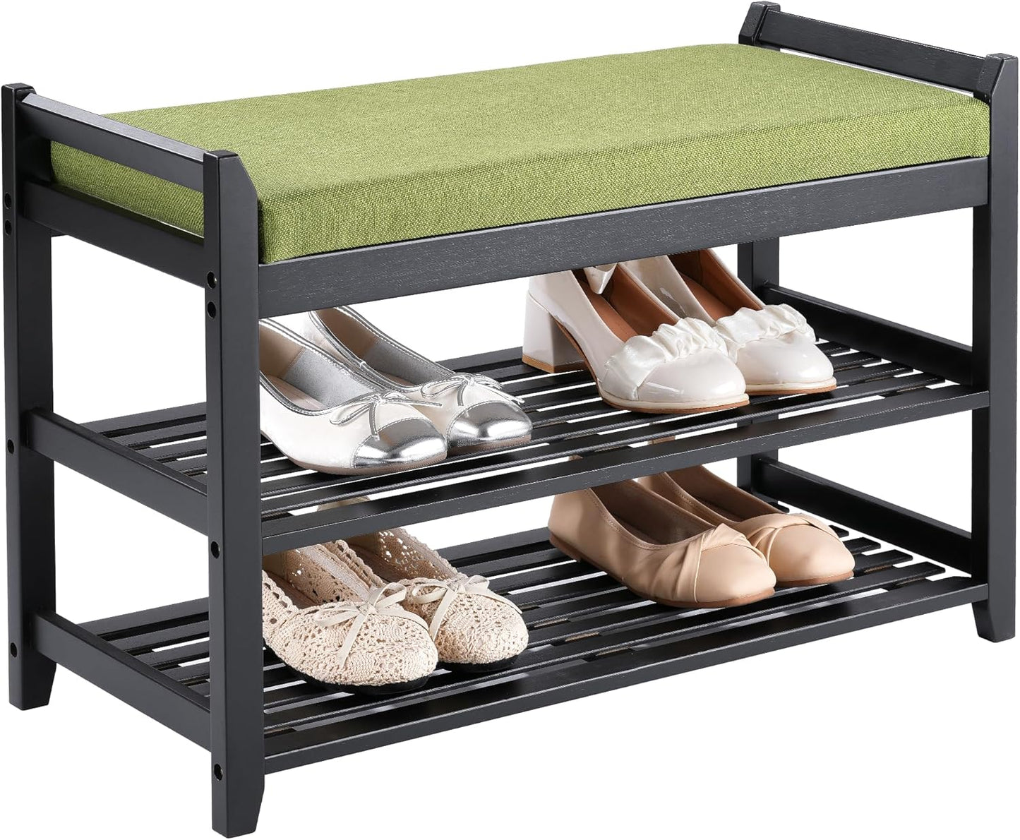 47.2 in Shoe Rack Bench with Cushion, 3 Tier Bamboo Entryway Bench with Storage for Entryway, Hallway, Bedroom, Living Room