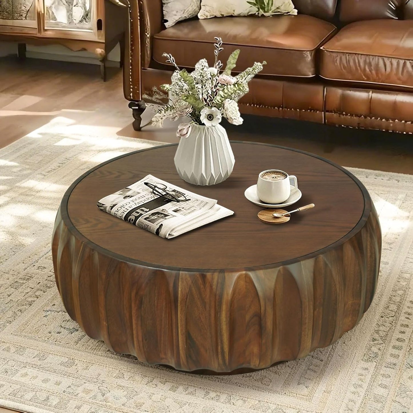 31.5" Round Coffee Table Drum Table Contemporary Wood Fluted Centry Table with Solid Wood Veneer for Living Room (Walnut)