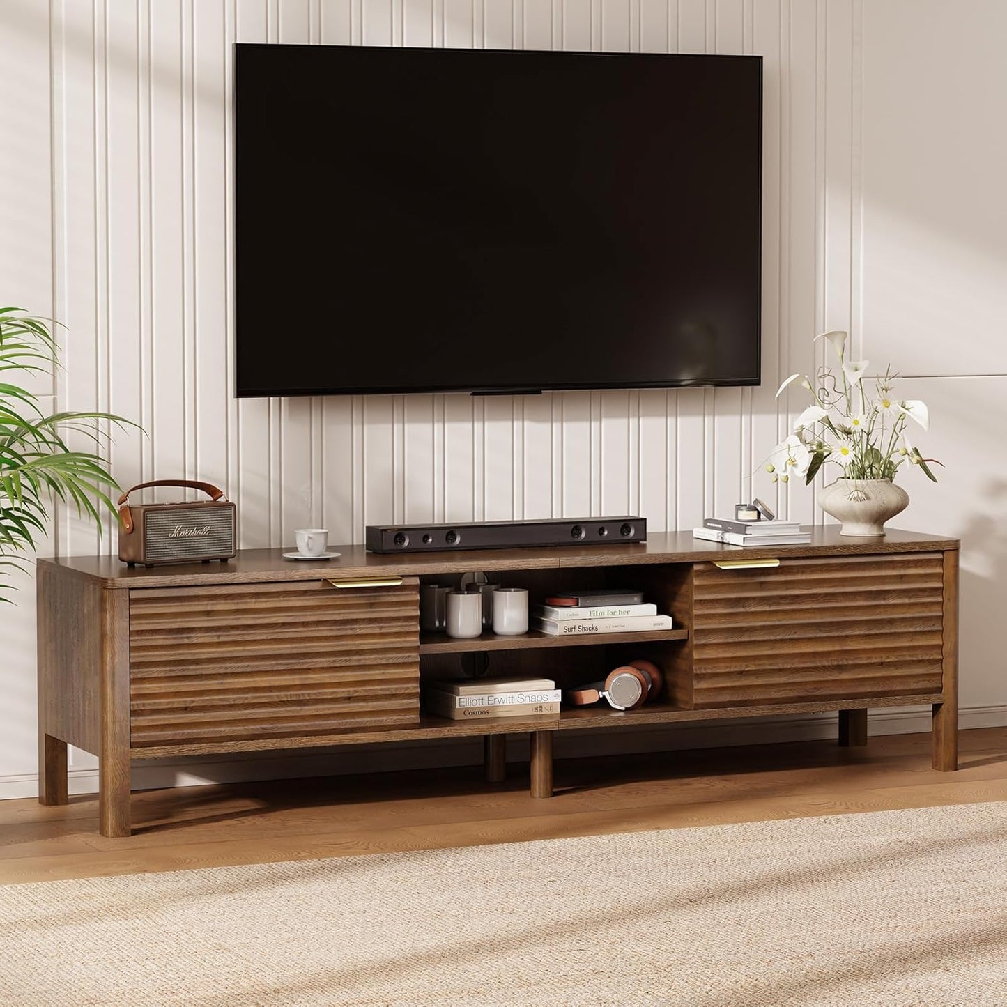 TV Stand for Living Room - up to 80 Inch TVs Mid Century Modern Entertainment Center with Storage and Adjustable Shelves, Media Console Table Oak 70"