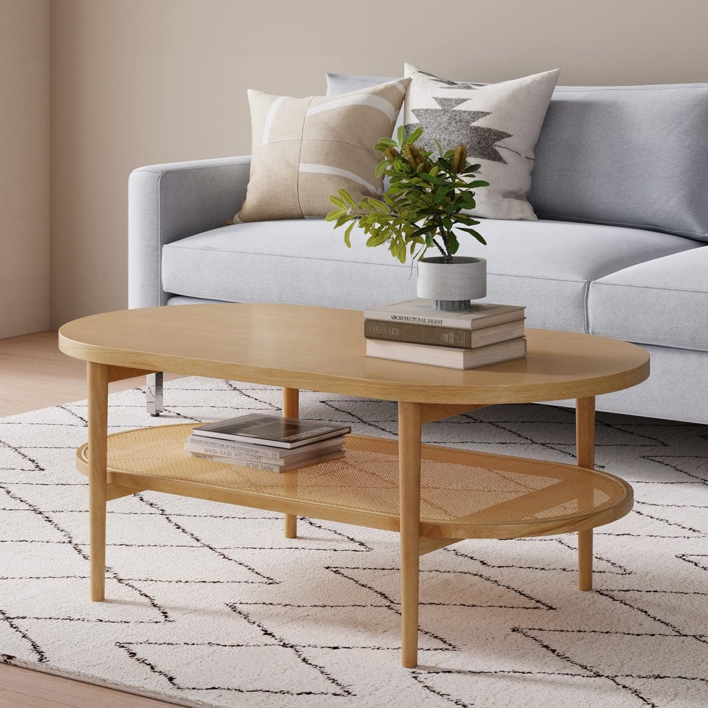 Nathan James Beacon Bohemian Coffee Table with Storage, 2-Tier Rectangle Coffee Table with Solid Wood Legs and Seagrass Shelf, Light Brown