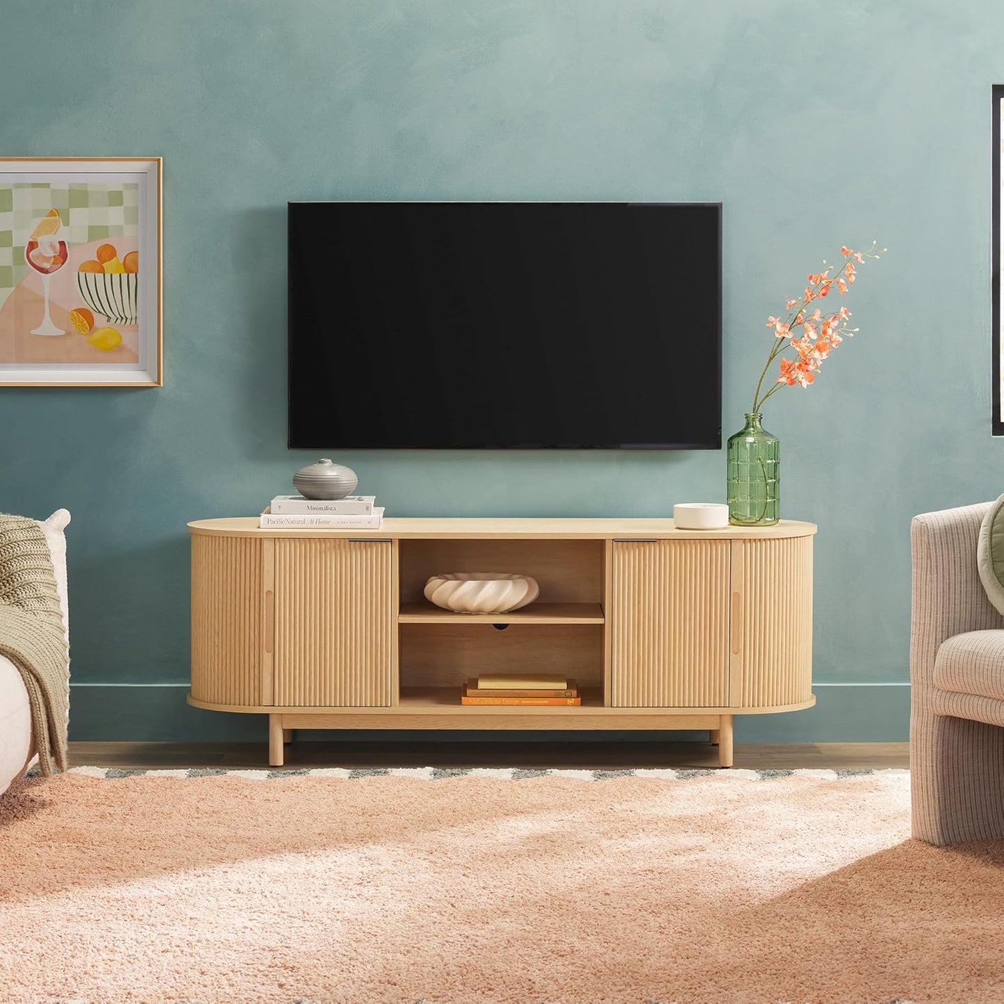 Walker Edison Modern Curved Reeded TV Stand for TVs up to 70 Inches, Credenza with Sliding Doors and Adjustable Shelves, TV Stand with Cord Management Cutout, 60 Inch, Mocha