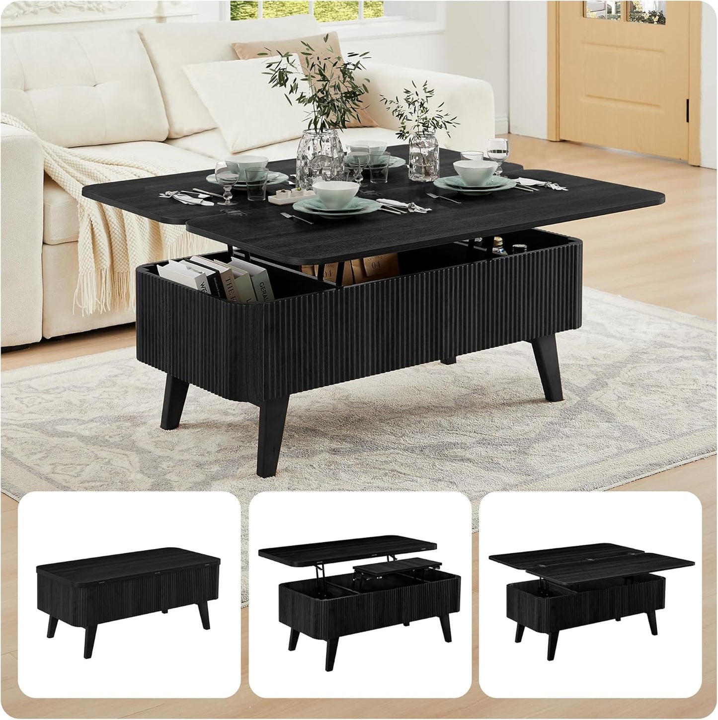 3 in 1 Lift Top Coffee Table, Fluted Convertible Coffee Tables Converts to Dining Tables, Modern Oval Wooden Center Table with Storage for Living Room Office Small Space, Partial Assembly (Black)