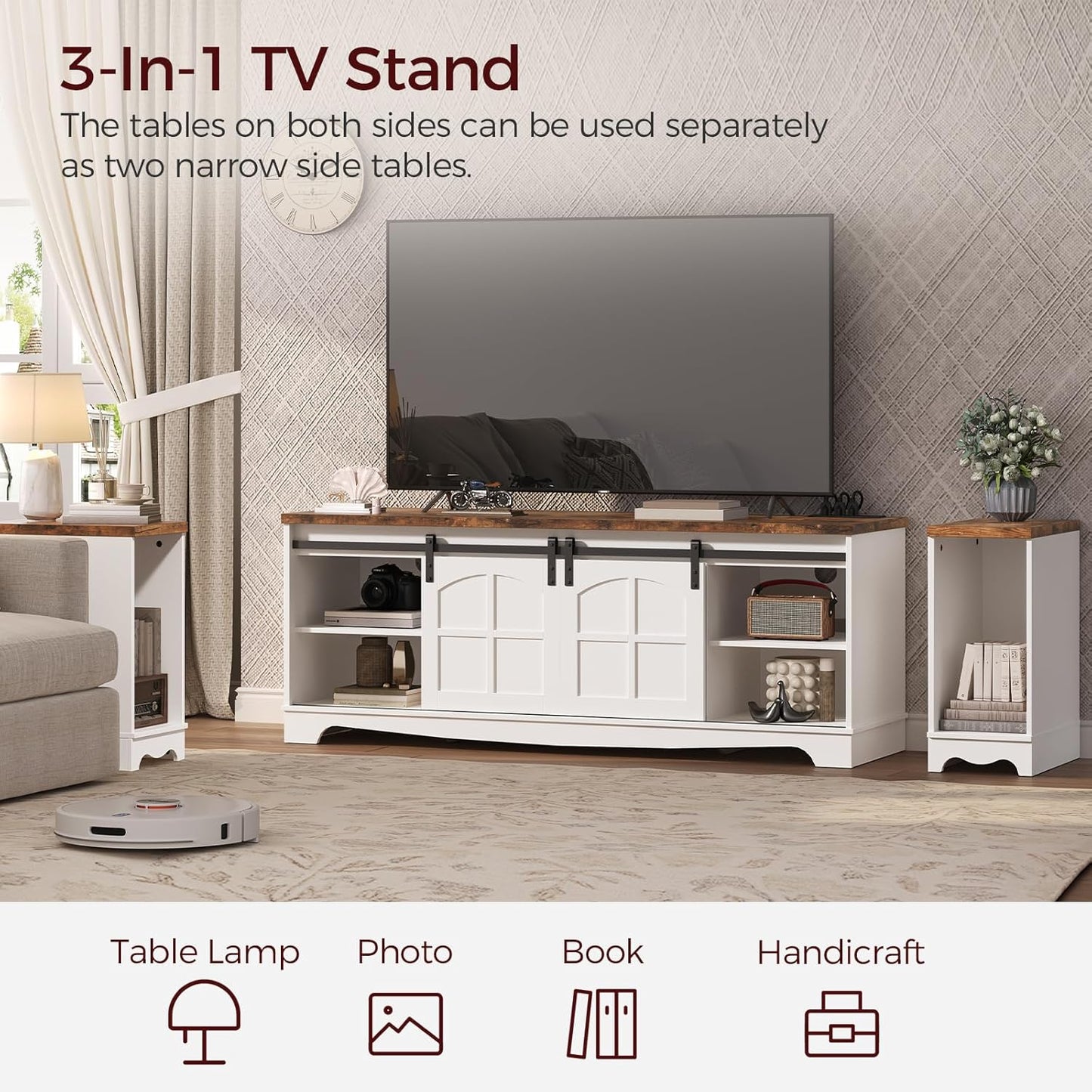 Modern Farmhouse 3 in 1 TV Stand for up to 85" TVs, 78'' Entertainment Center with Charging Station and Open Storage, 4 AC Outlets,for Living Room, Bedroom, White and Rustic Brown TVBR20E01
