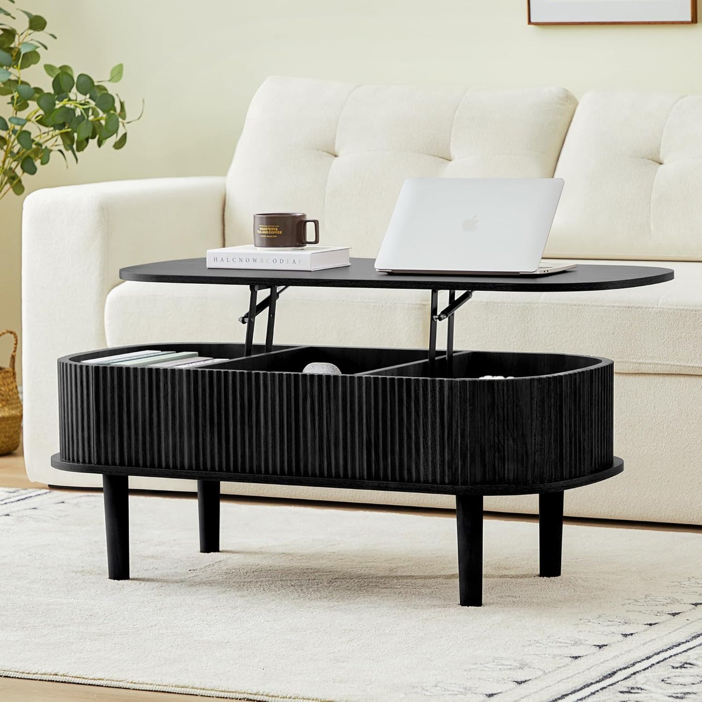 3 in 1 Lift Top Coffee Table, Fluted Convertible Coffee Tables Converts to Dining Tables, Modern Oval Wooden Center Table with Storage for Living Room Office Small Space, Partial Assembly (Black)