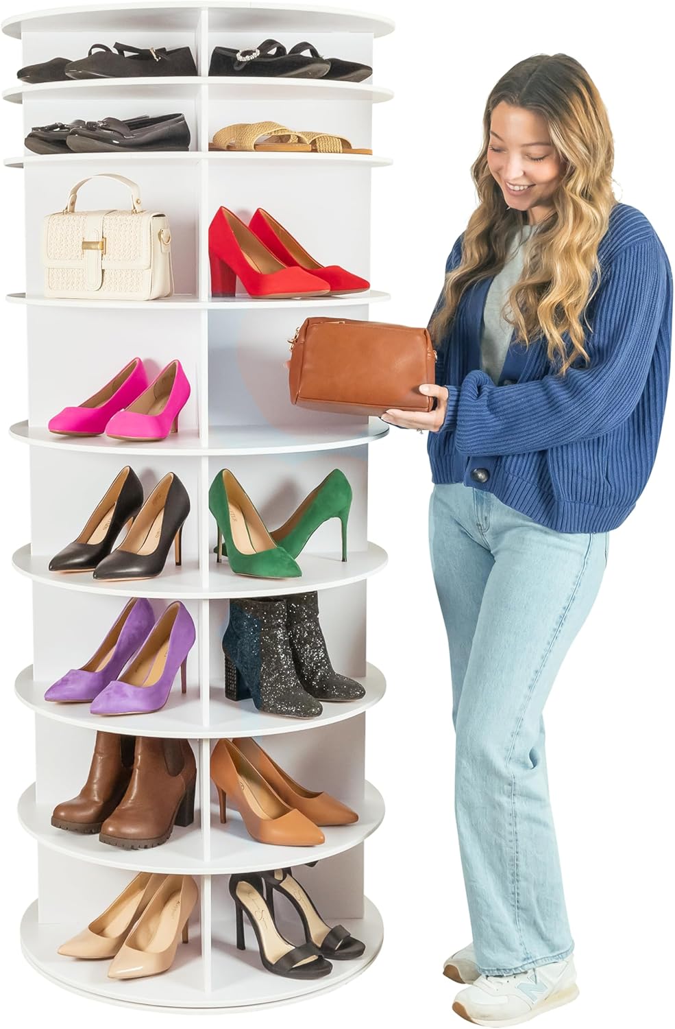 Rotating Shoe Rack Tower 360-32 Pair, 8 Tiers, Reachable Spinning Shoe Rack Tower. Rotating Storage Tower, Bookshelf, Handbag Holder (8 Tier Standard Size) 5ft, 3in.
