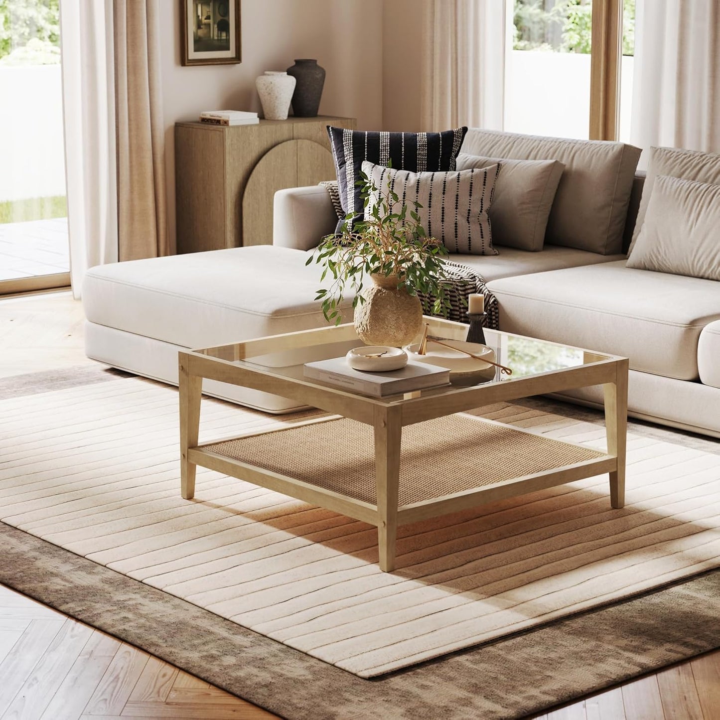 Nathan James Beacon Bohemian Coffee Table with Storage, 2-Tier Rectangle Coffee Table with Solid Wood Legs and Seagrass Shelf, Light Brown