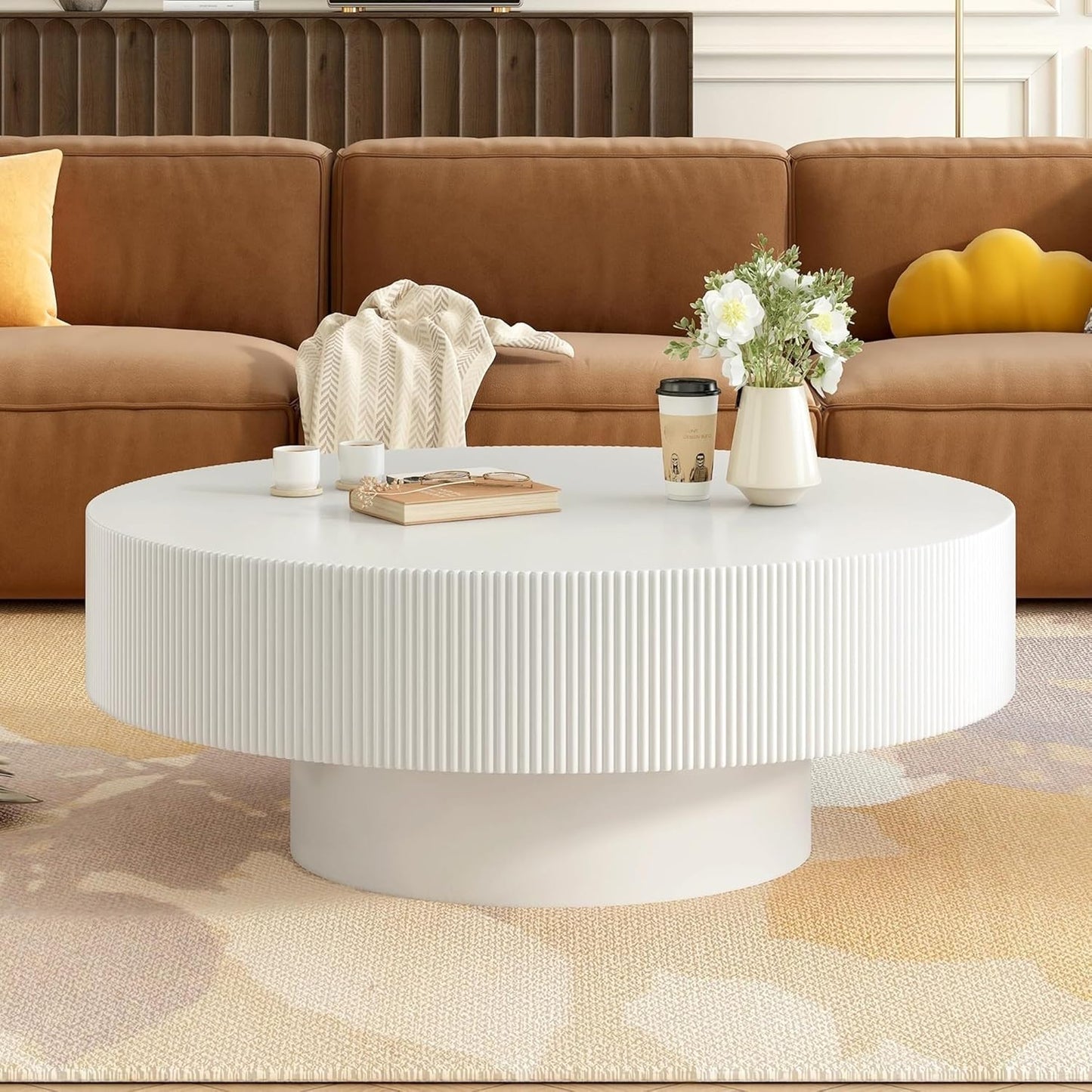 Merax Modern Round Coffee Table with Sturdy Base, Wood Center Tables for Living Room Reception Room, Easy Assemble, Black
