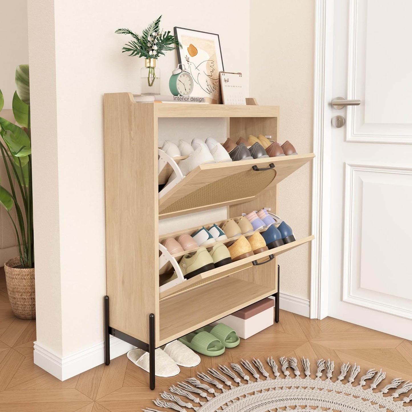 Gadroad Rattan Shoe Storage Cabinet with 2 Flip Drawers, Freestanding Shoe Organizer with Metal Legs for Entryway, Semi Circle Shoe Rack Cabinet (Natural)