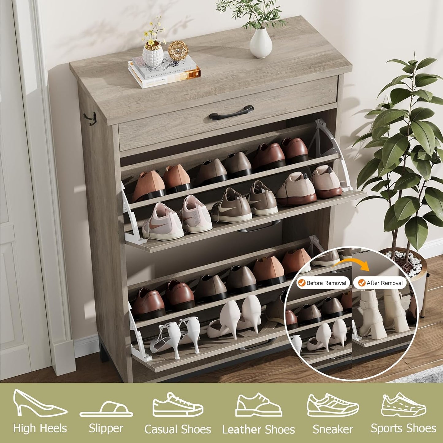 Shoe Storage Cabinet with 2 Flip Drawers, Narrow Shoe Cabinet for Entryway with 1 Top Drawer, Freestanding Hidden Shoe Rack Cabinet with Metal Legs for Foyer, Hallway (Grey)