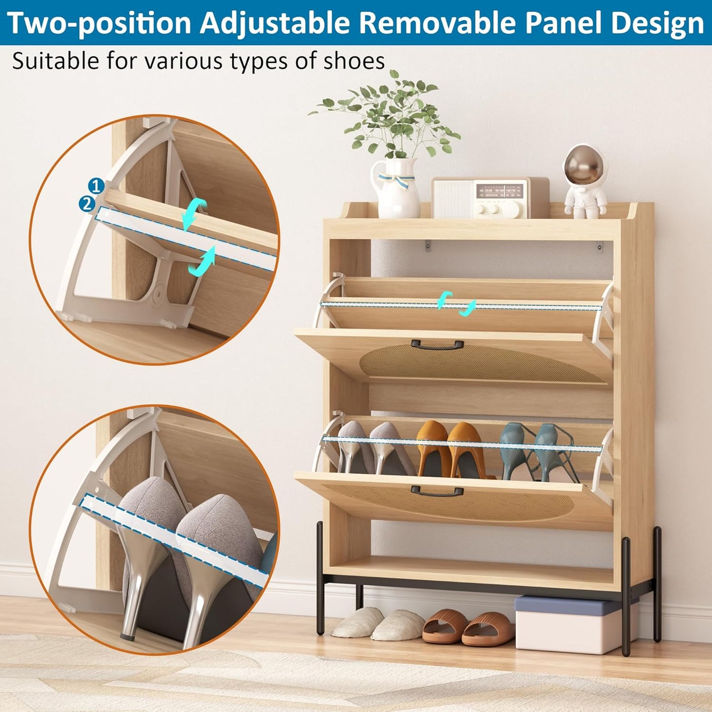 Gadroad Rattan Shoe Storage Cabinet with 2 Flip Drawers, Freestanding Shoe Organizer with Metal Legs for Entryway, Semi Circle Shoe Rack Cabinet (Natural)