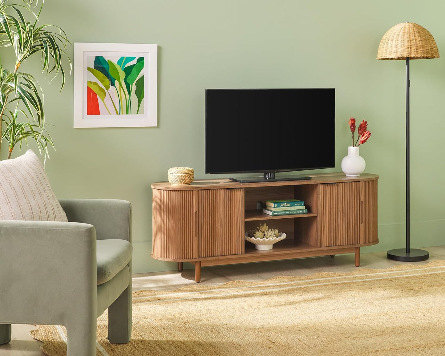 Walker Edison Modern Curved Reeded TV Stand for TVs up to 70 Inches, Credenza with Sliding Doors and Adjustable Shelves, TV Stand with Cord Management Cutout, 60 Inch, Mocha