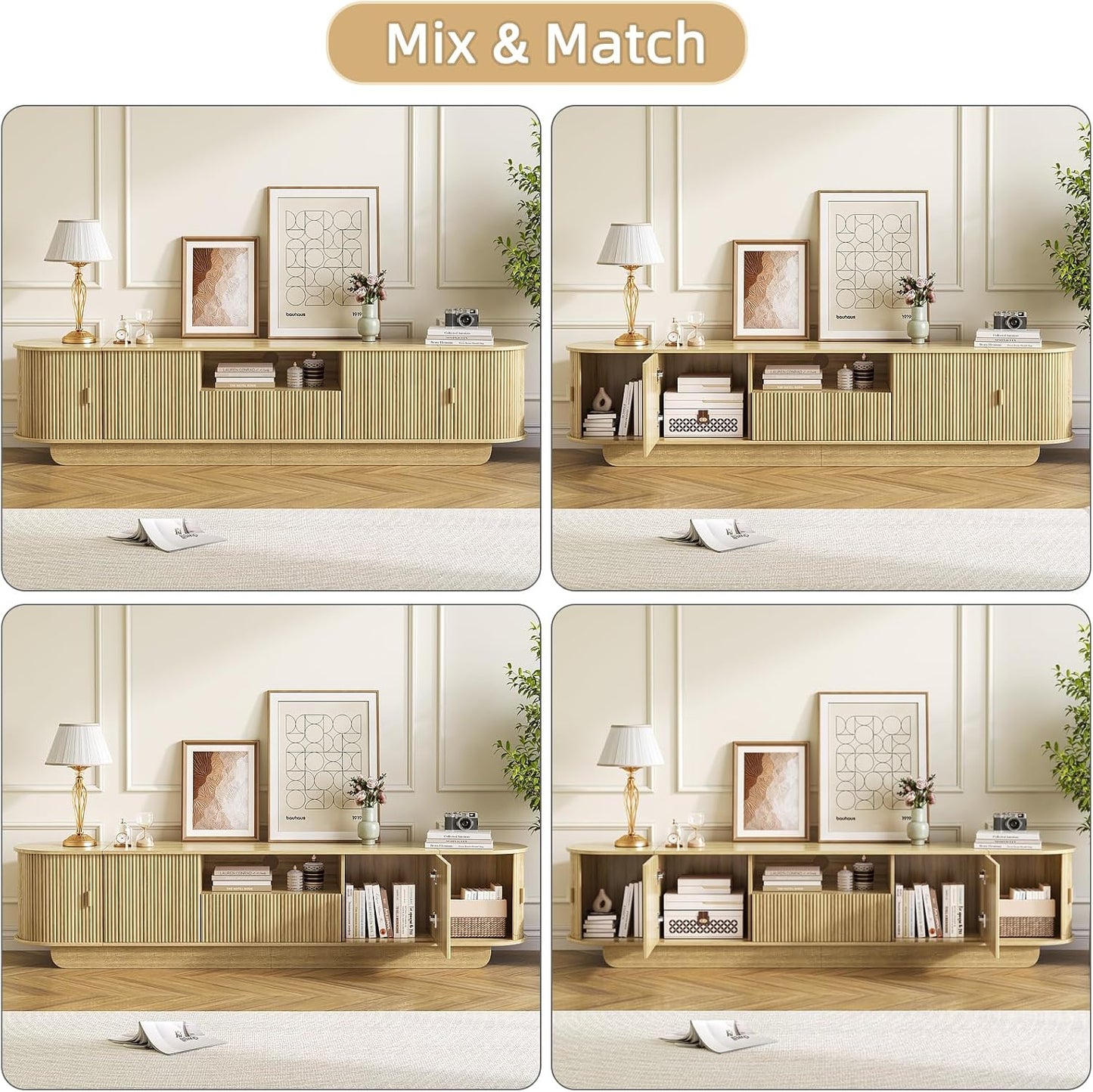 86.61'' Tambour TV Stand for 55-85 Inch, Modern Entertainment Center with Large Storage Cabinet & Open Shelves, TV Console with Sliding Doors for Living Room, Bedroom, Natural