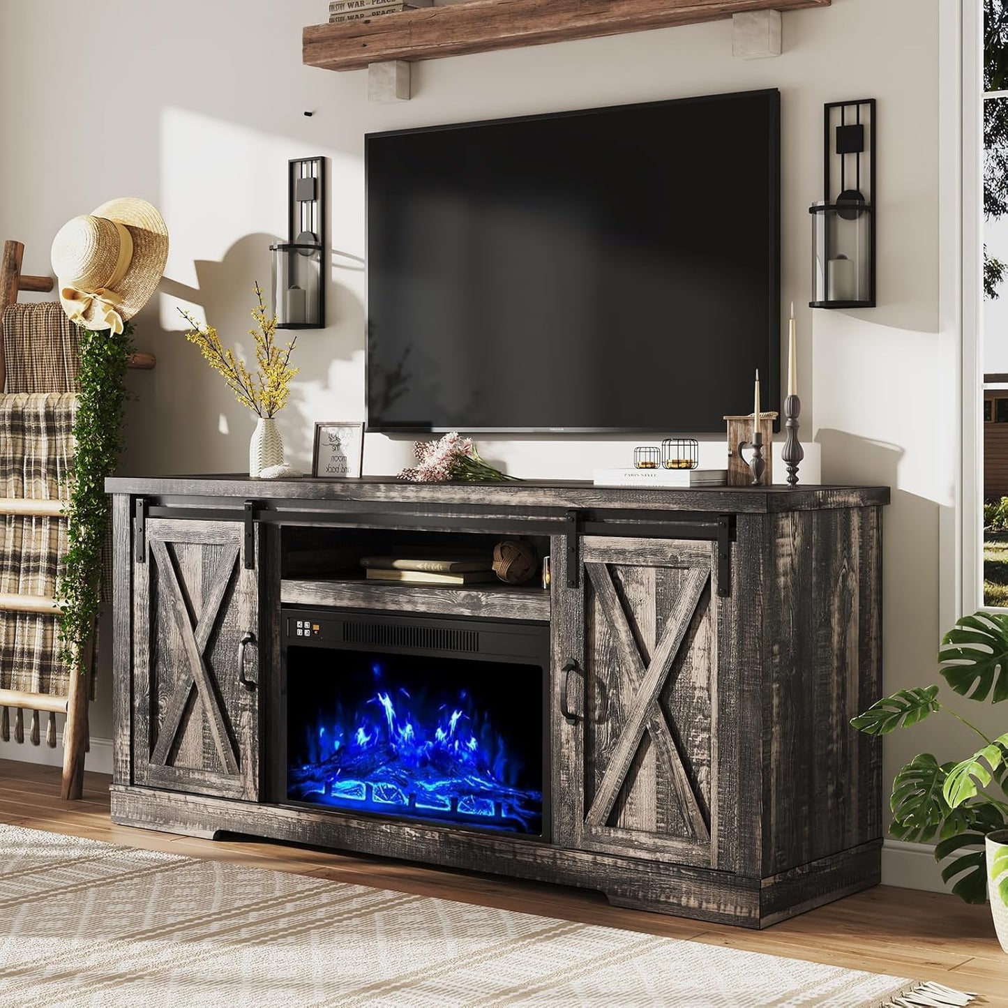 AMERLIFE Fireplace TV Stand with Sliding Barn Door for TVs up to 73", Farmhouse 63" Fireplace Entertainment Center with Storage Cabinets/Adjustable Shelves, Distressed White & Barnwood