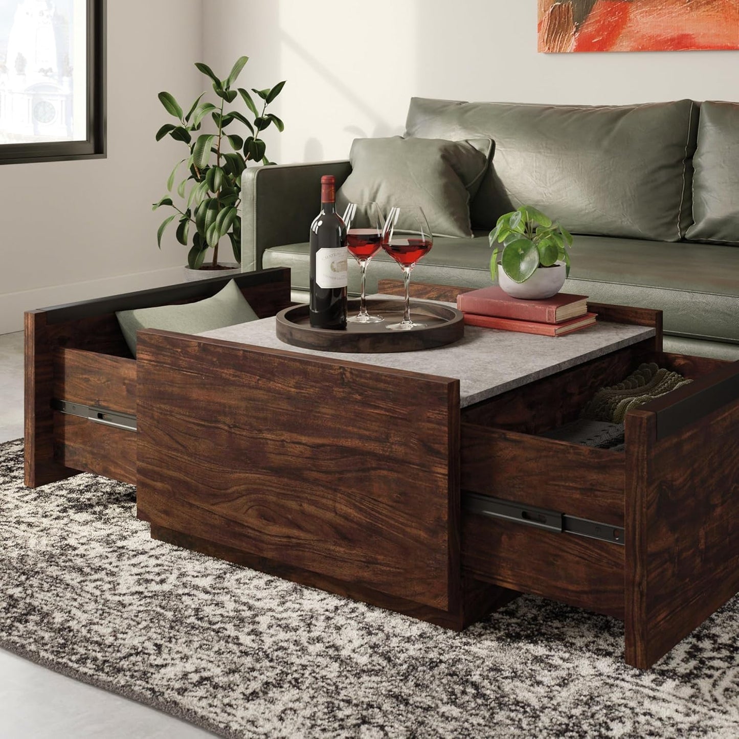 Sauder Manhattan Gate Modern Square Coffee Table, Rich Walnut Finish