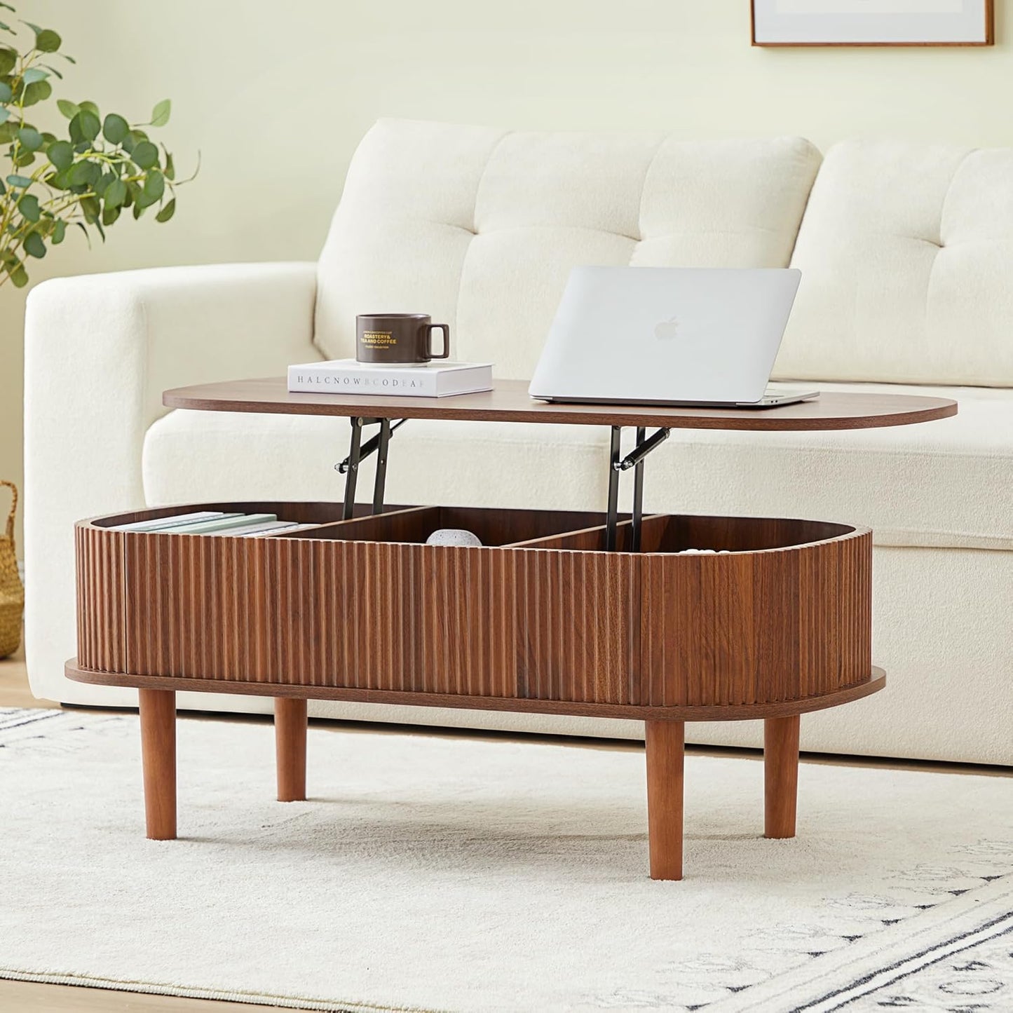 3 in 1 Lift Top Coffee Table, Fluted Convertible Coffee Tables Converts to Dining Tables, Modern Oval Wooden Center Table with Storage for Living Room Office Small Space, Partial Assembly (Black)