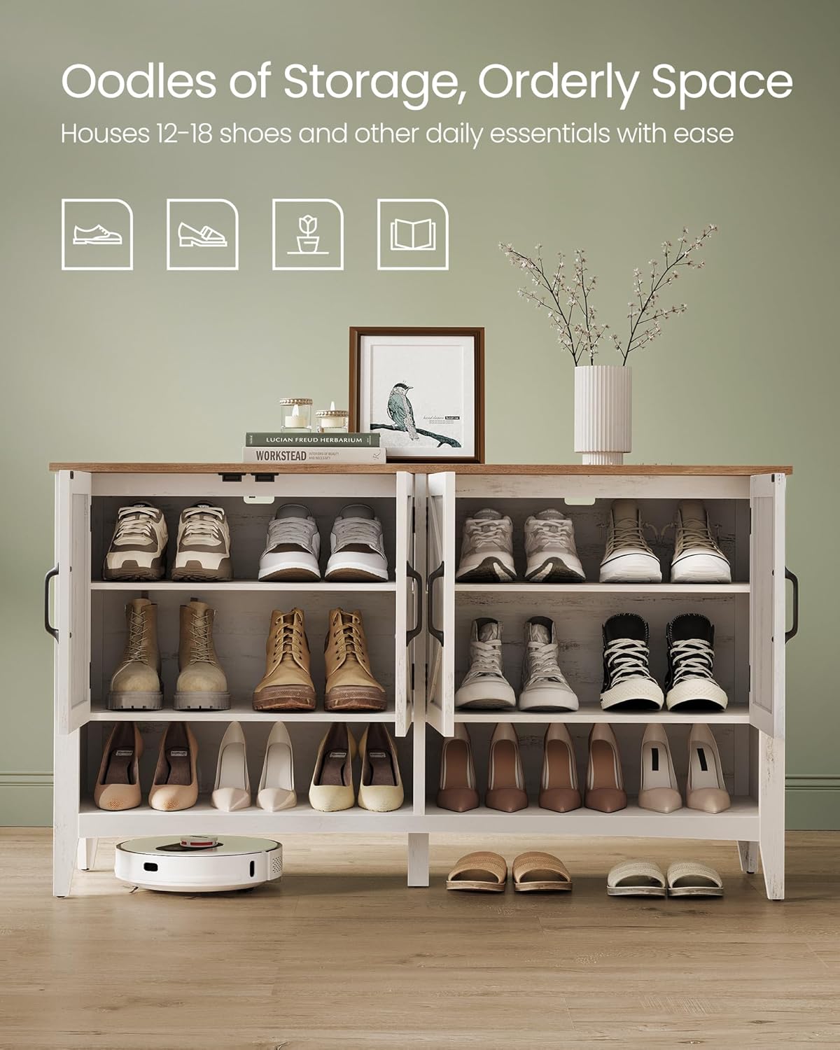VASAGLE Shoe Cabinet, 3-Tier Shoe Storage Organizer, Farmhouse Freestanding Cabinet with Height-Adjustable Shelf, 13.8 x 47.2 x 27.6 Inches, Entryway, Rustic White ULBC039W01