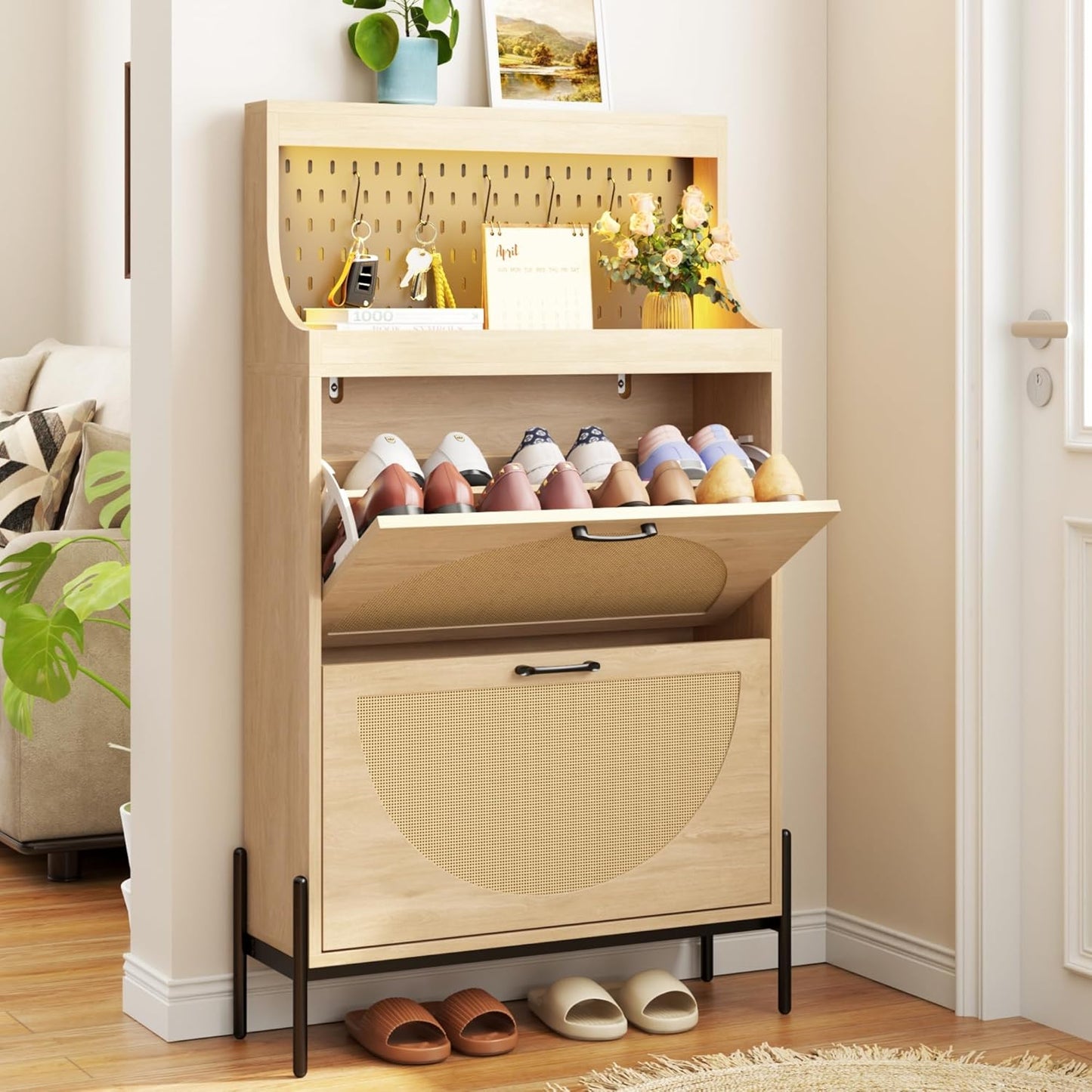 Gadroad Rattan Shoe Storage Cabinet with 2 Flip Drawers, Freestanding Shoe Organizer with Metal Legs for Entryway, Semi Circle Shoe Rack Cabinet (Natural)