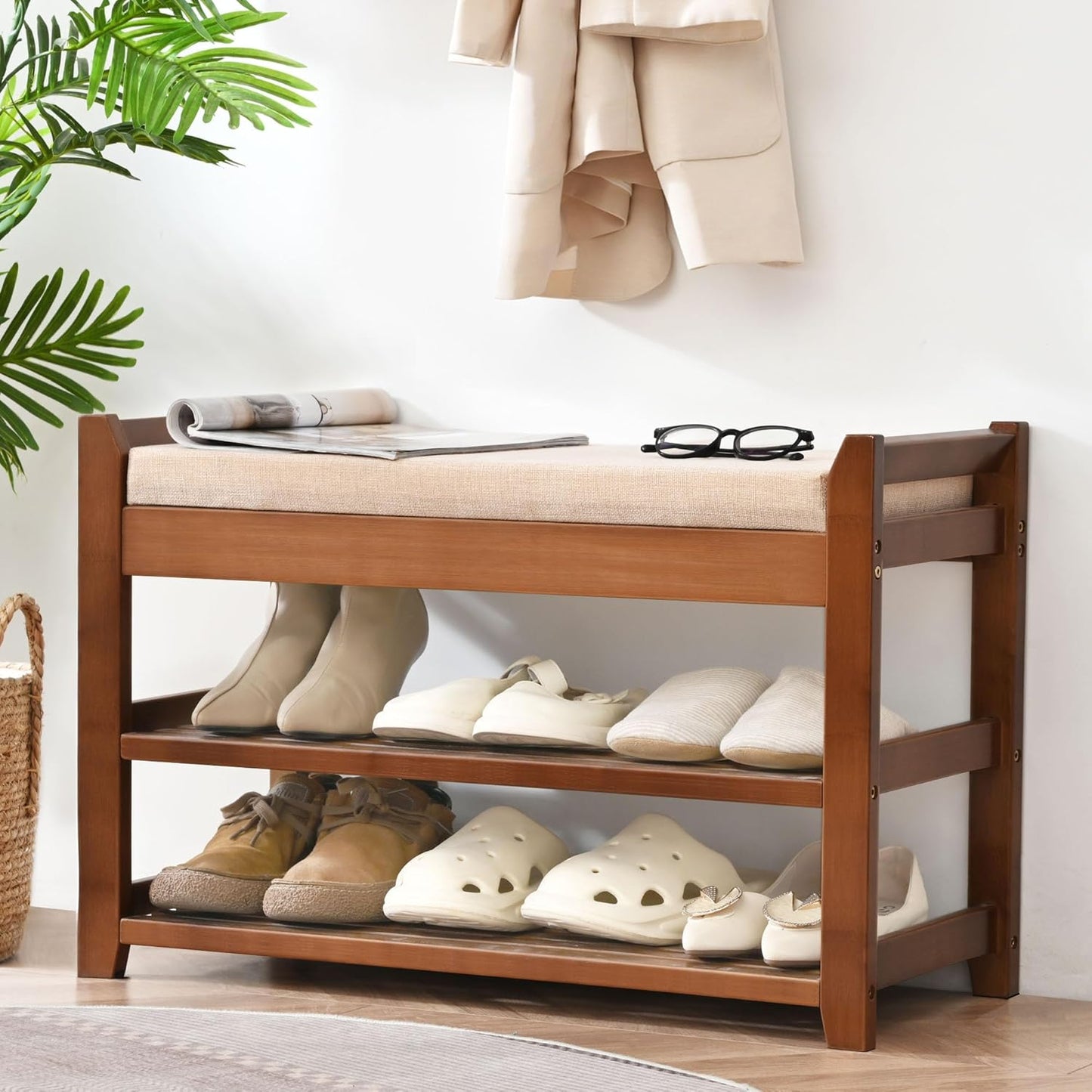 47.2 in Shoe Rack Bench with Cushion, 3 Tier Bamboo Entryway Bench with Storage for Entryway, Hallway, Bedroom, Living Room