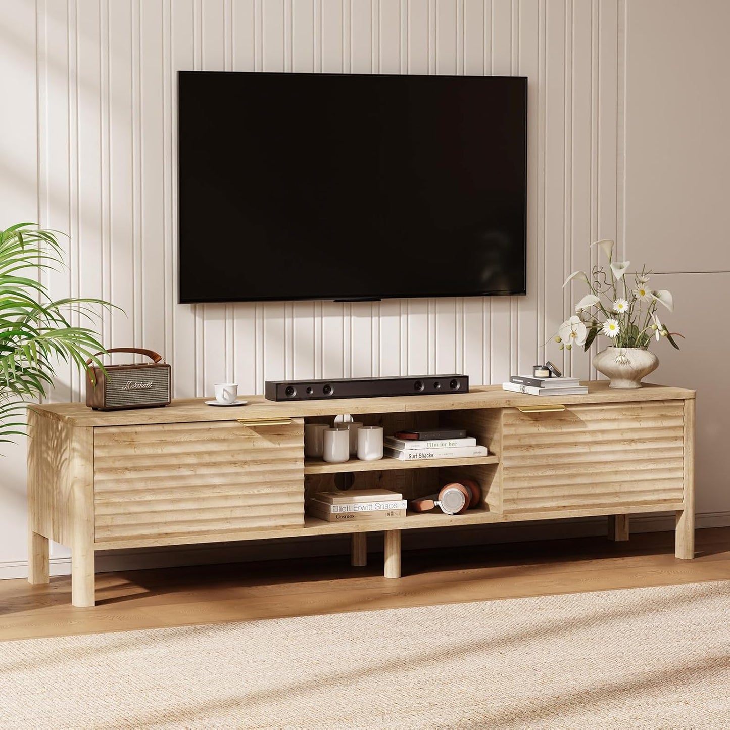TV Stand for Living Room - up to 80 Inch TVs Mid Century Modern Entertainment Center with Storage and Adjustable Shelves, Media Console Table Oak 70"