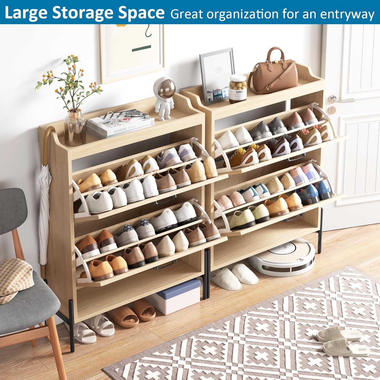 Gadroad Rattan Shoe Storage Cabinet with 2 Flip Drawers, Freestanding Shoe Organizer with Metal Legs for Entryway, Semi Circle Shoe Rack Cabinet (Natural)