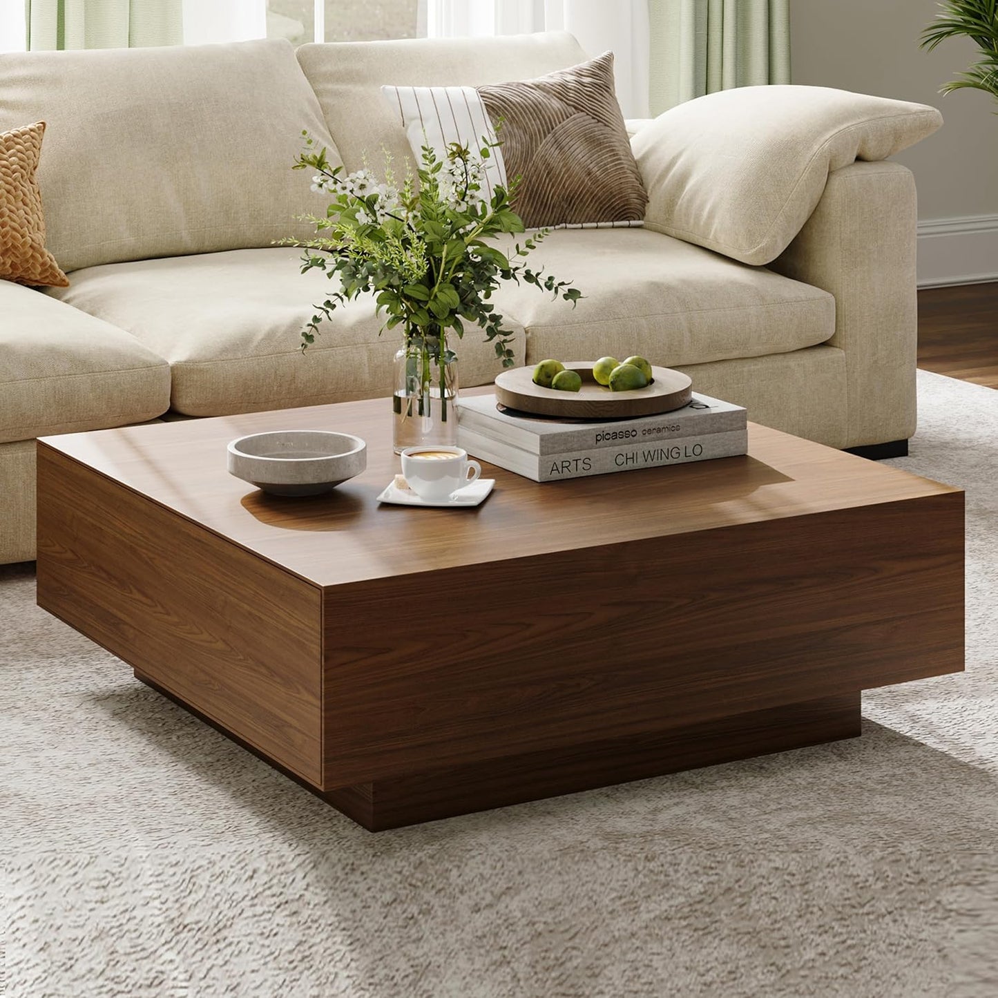 POVISON Modern Square Coffee Table with Storage, 35.43" Wood Coffee Table for Living Room Table Walnut, Fully Assembled