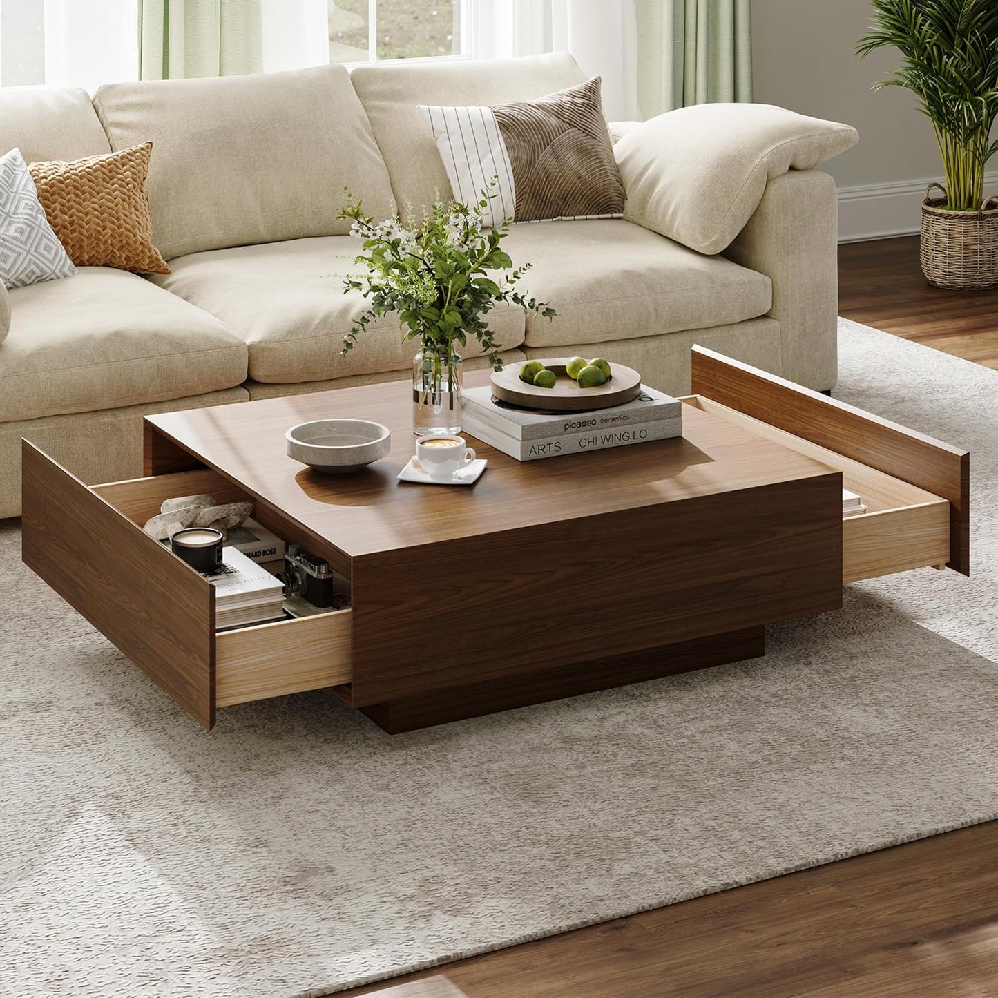 POVISON Modern Square Coffee Table with Storage, 35.43" Wood Coffee Table for Living Room Table Walnut, Fully Assembled