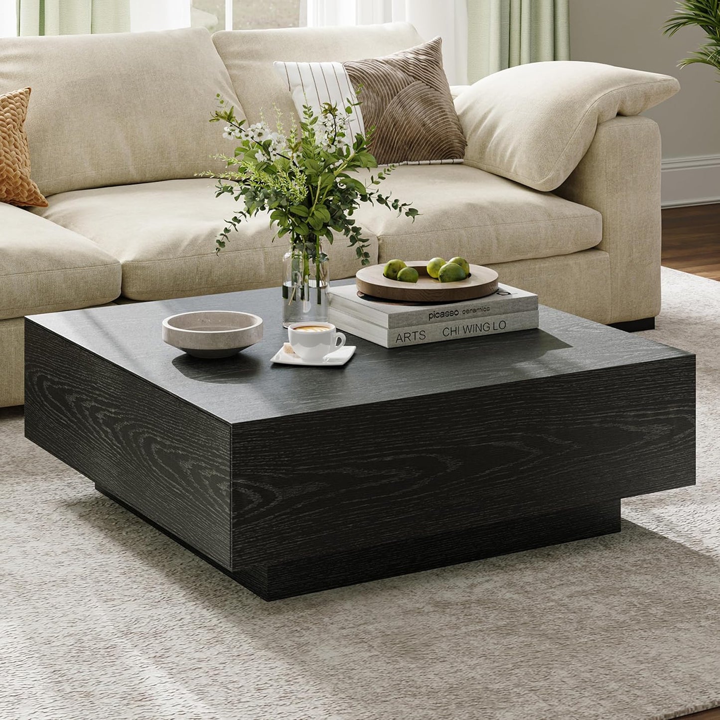 POVISON Modern Square Coffee Table with Storage, 35.43" Wood Coffee Table for Living Room Table Walnut, Fully Assembled
