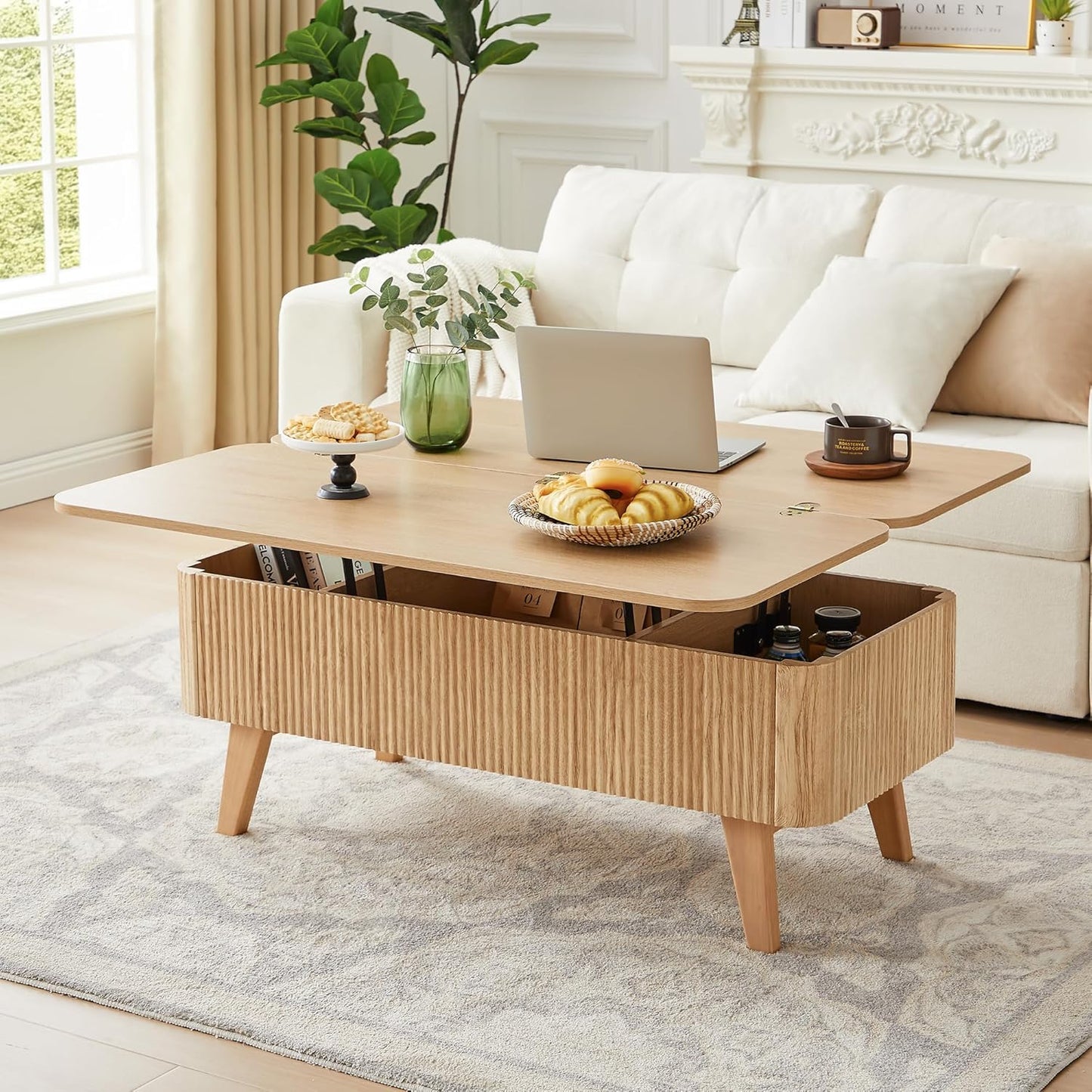 3 in 1 Lift Top Coffee Table, Fluted Convertible Coffee Tables Converts to Dining Tables, Modern Oval Wooden Center Table with Storage for Living Room Office Small Space, Partial Assembly (Black)