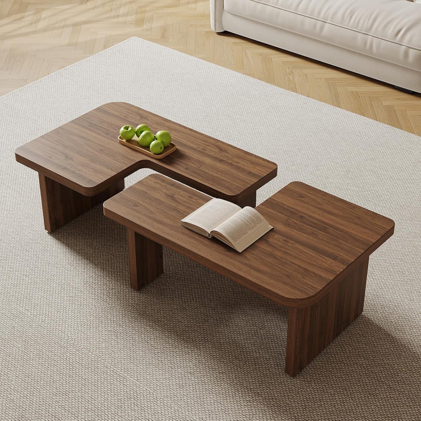 Mid Century Modern Coffee Table for Living Room, Wood Coffee Table with Free Adjustable Shape, Square Living Room Table Minimalist Tea Table, Brown