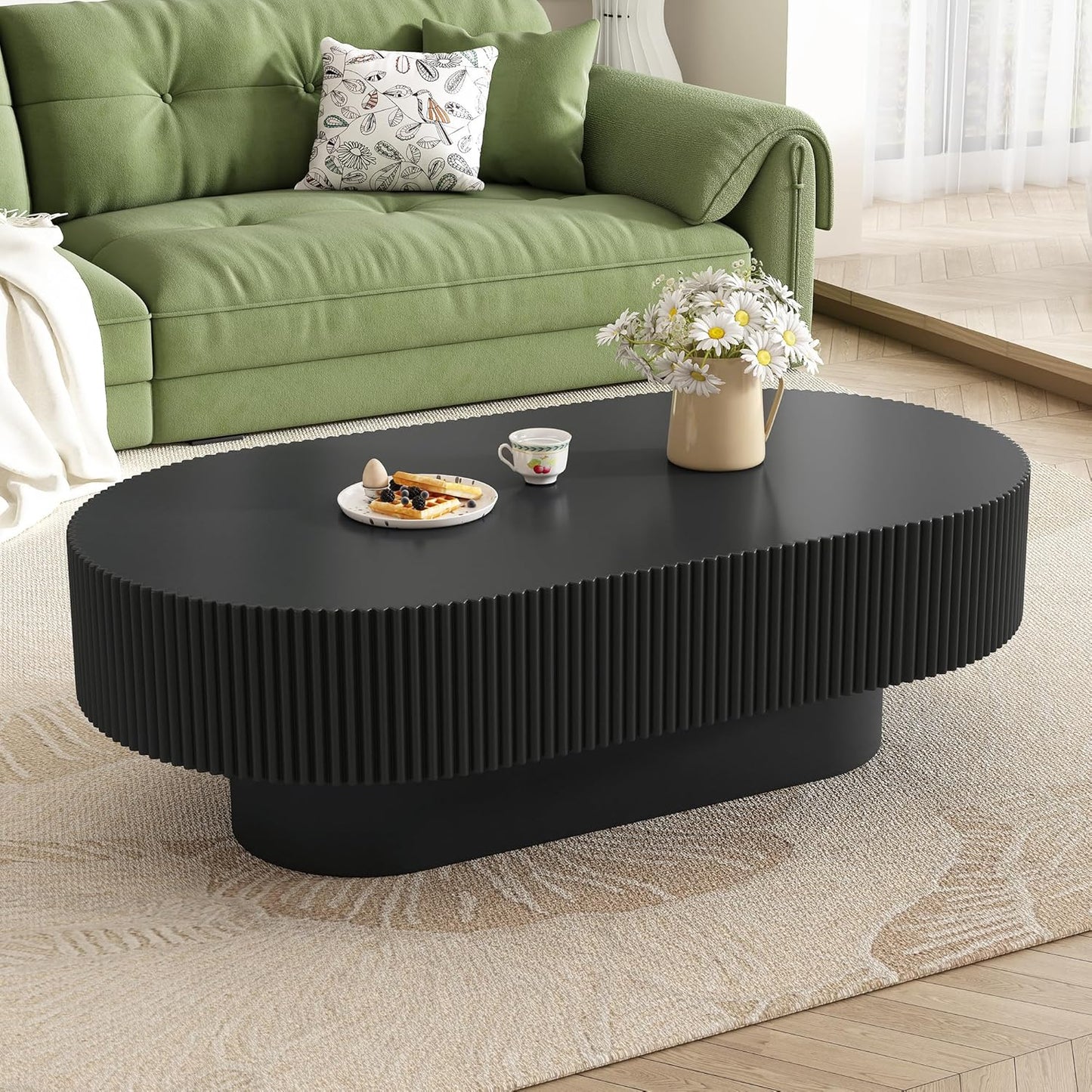 Merax Modern Round Coffee Table with Sturdy Base, Wood Center Tables for Living Room Reception Room, Easy Assemble, Black