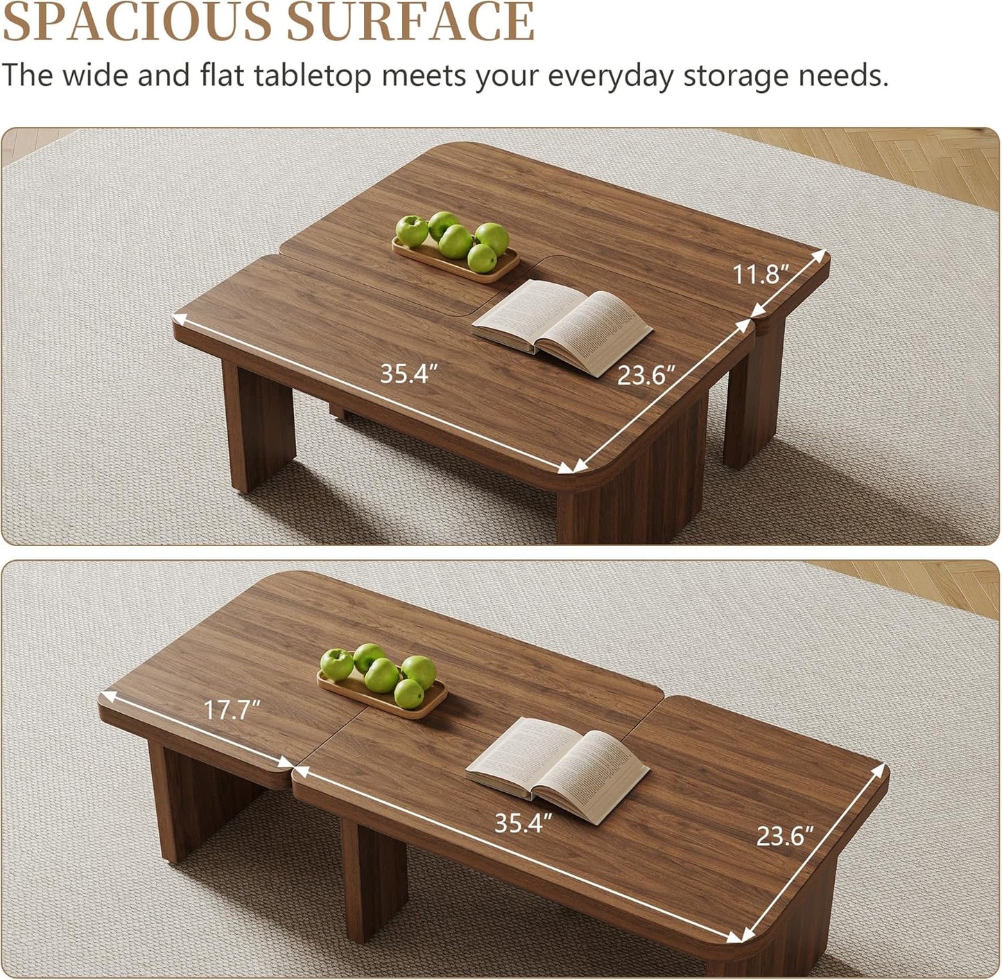 Mid Century Modern Coffee Table for Living Room, Wood Coffee Table with Free Adjustable Shape, Square Living Room Table Minimalist Tea Table, Brown
