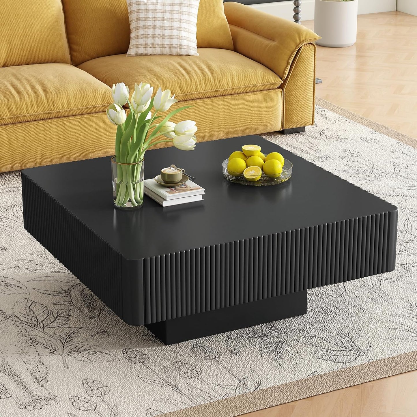 Merax Modern Round Coffee Table with Sturdy Base, Wood Center Tables for Living Room Reception Room, Easy Assemble, Black