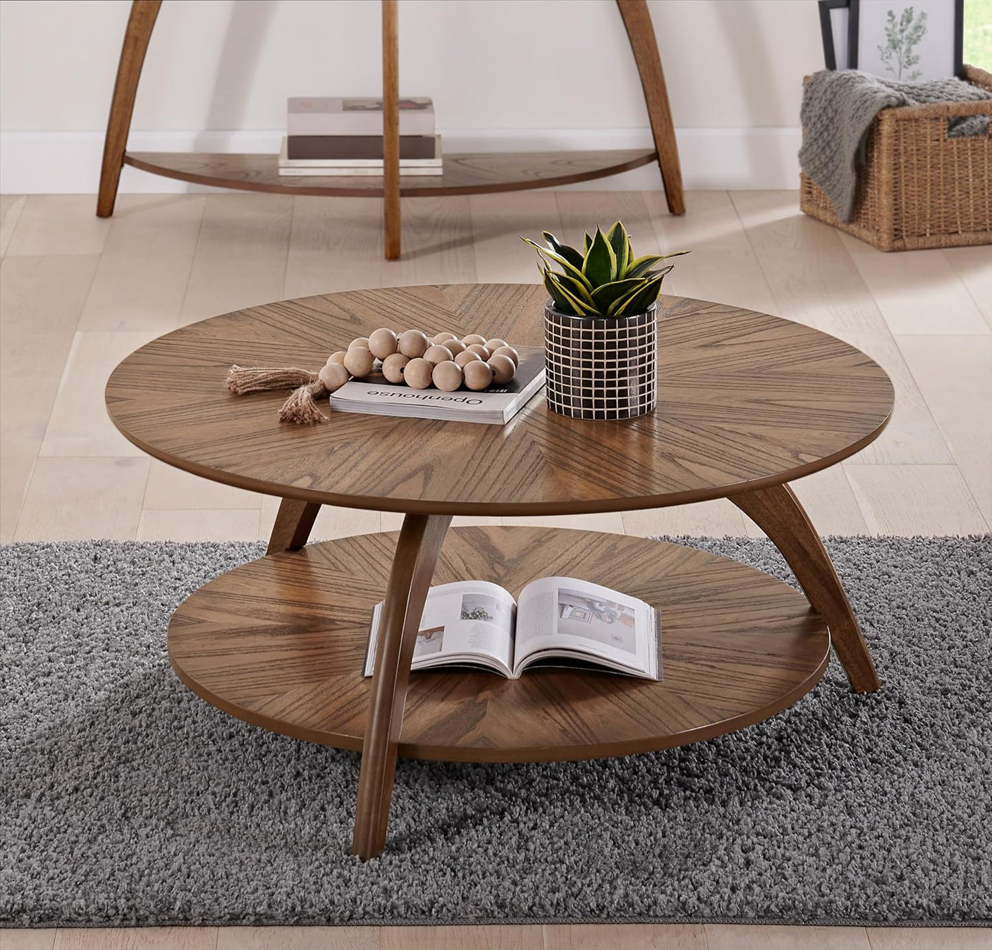 Martin Svensson Home Round Wood Walnut Brown Living Room Coffee Table with Storage Shelf