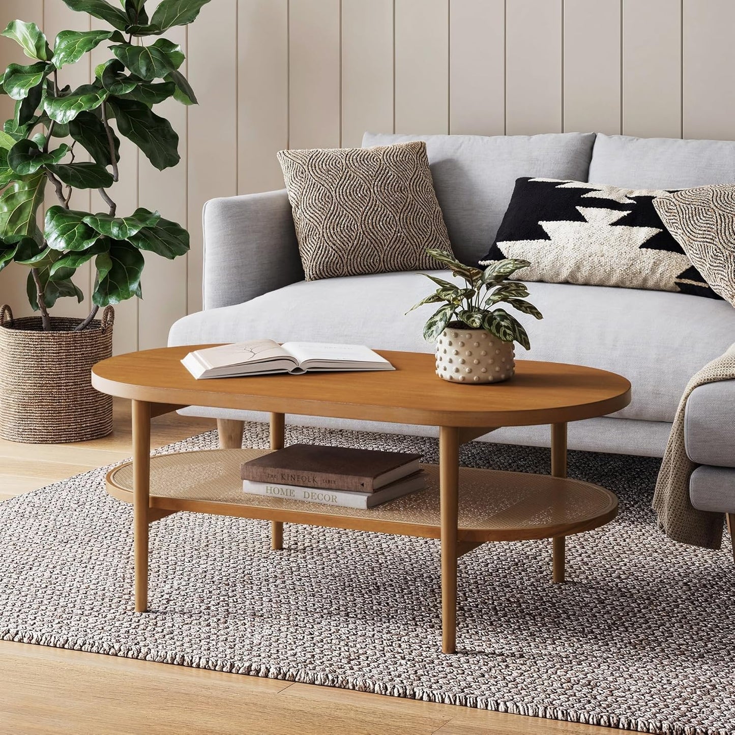 Nathan James Beacon Bohemian Coffee Table with Storage, 2-Tier Rectangle Coffee Table with Solid Wood Legs and Seagrass Shelf, Light Brown