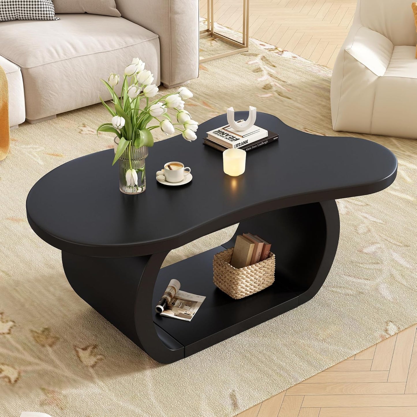 Merax Modern Round Coffee Table with Sturdy Base, Wood Center Tables for Living Room Reception Room, Easy Assemble, Black
