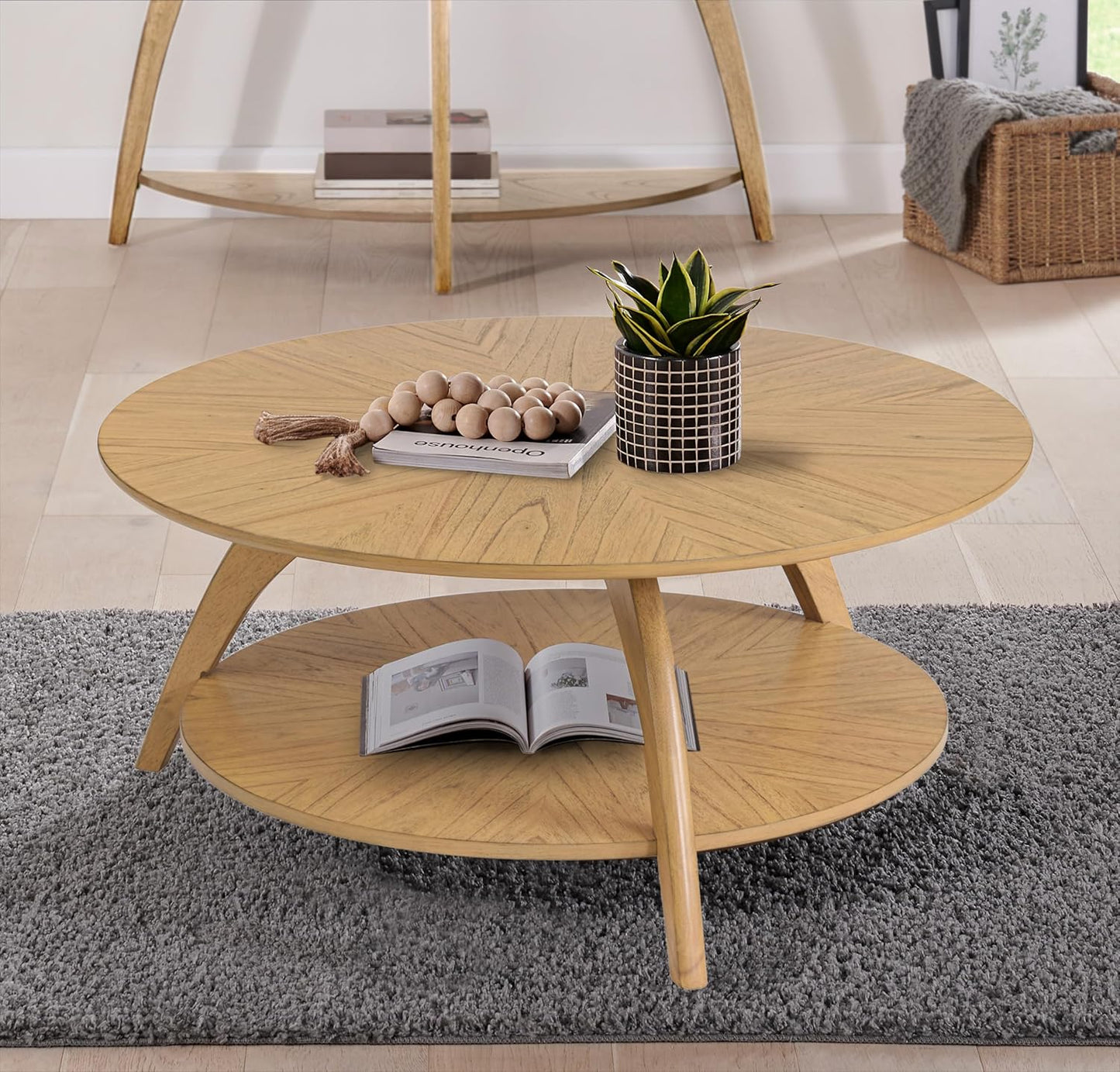 Martin Svensson Home Round Wood Walnut Brown Living Room Coffee Table with Storage Shelf