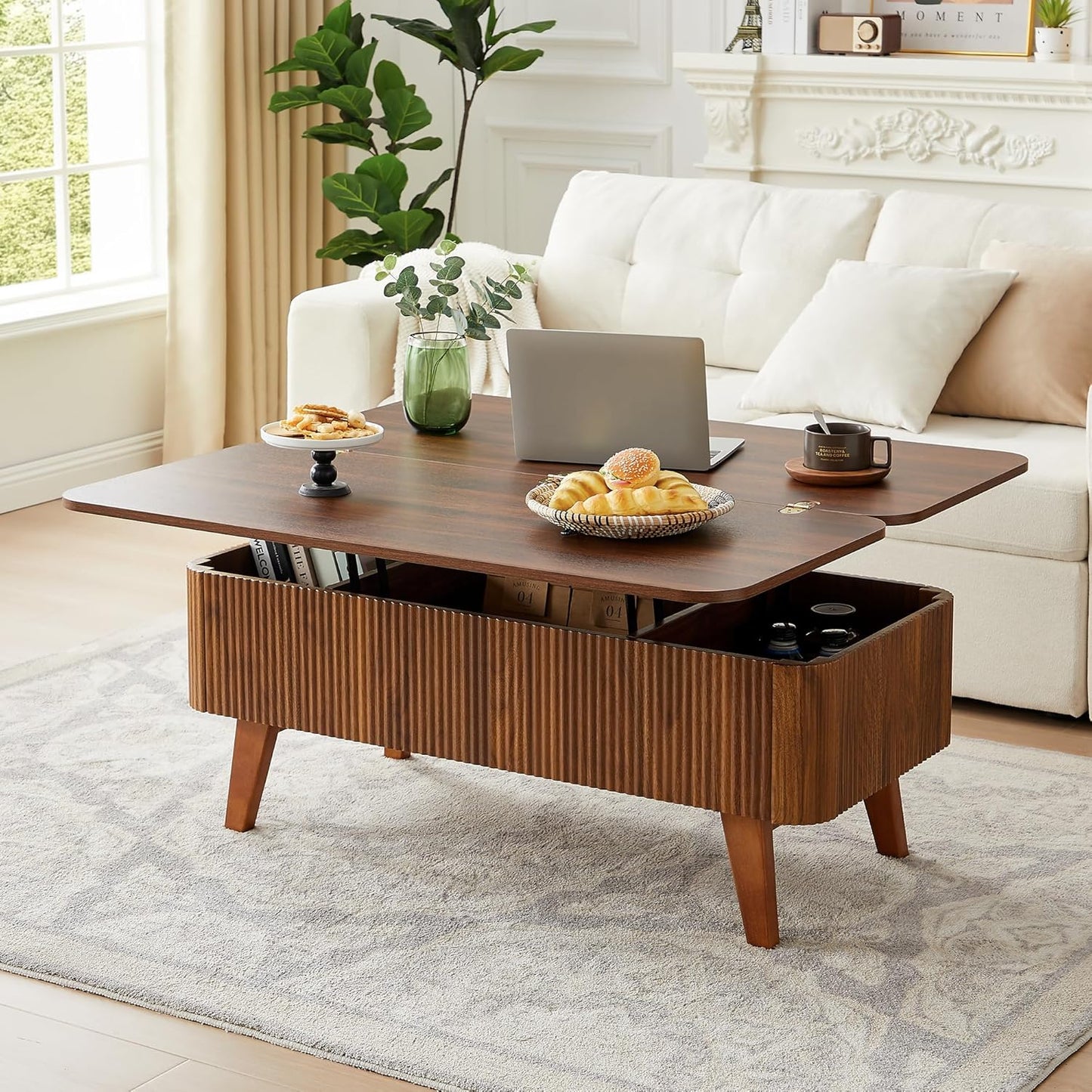 3 in 1 Lift Top Coffee Table, Fluted Convertible Coffee Tables Converts to Dining Tables, Modern Oval Wooden Center Table with Storage for Living Room Office Small Space, Partial Assembly (Black)