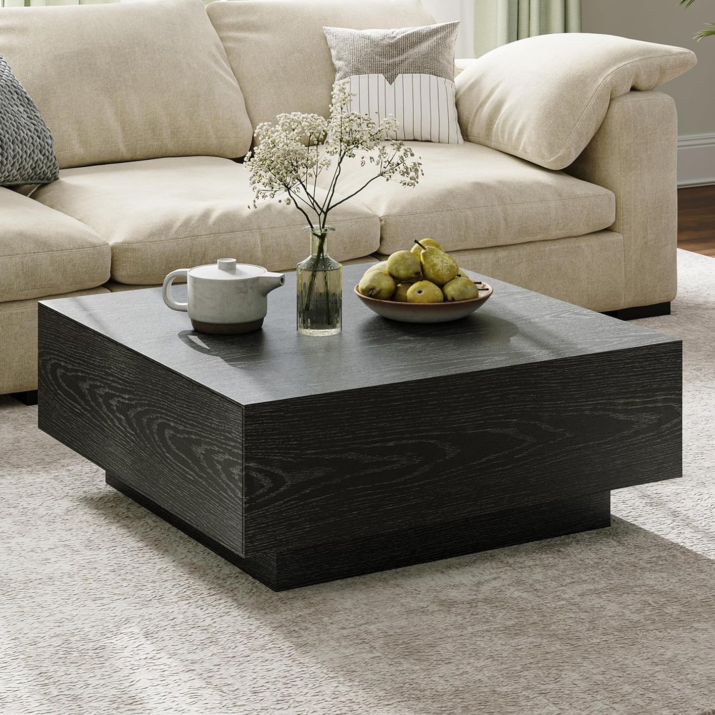 POVISON Modern Square Coffee Table with Storage, 35.43" Wood Coffee Table for Living Room Table Walnut, Fully Assembled