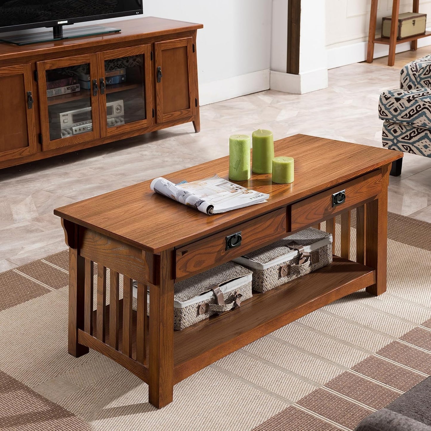 Leick Home Mission Coffee Table, Solid Wood Construction, Two Drawers, One Shelf, Slatted Sides, Medium Oak, 48.0 in. W x 24.0 in. D x 19.0 in. H, 8204