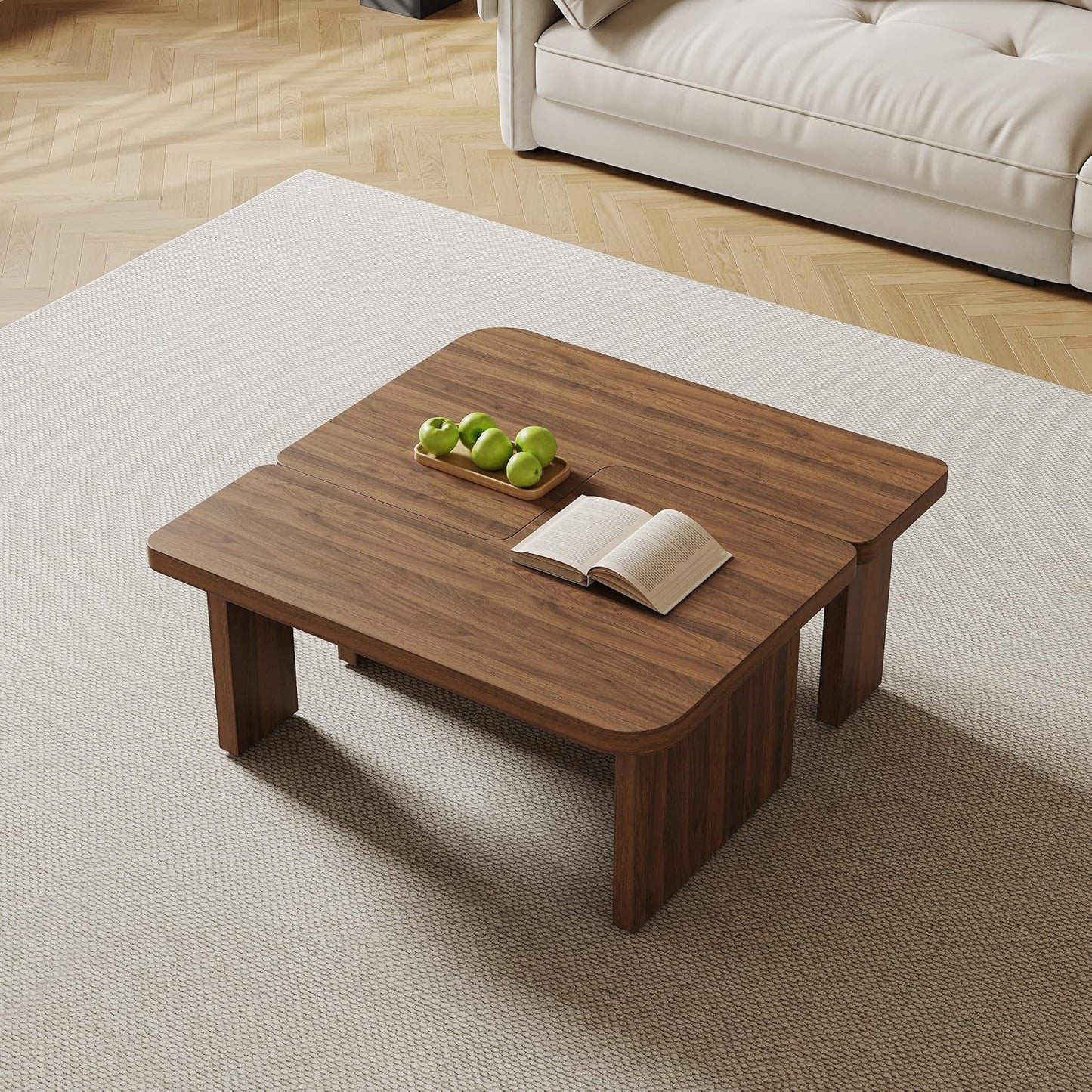 Mid Century Modern Coffee Table for Living Room, Wood Coffee Table with Free Adjustable Shape, Square Living Room Table Minimalist Tea Table, Brown