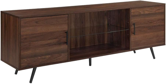 Walker Edison Saxon Mid Century Modern 2 Door Glass Shelf TV Stand for TVs up to 80 Inches, 70 Inch, Dark Walnut